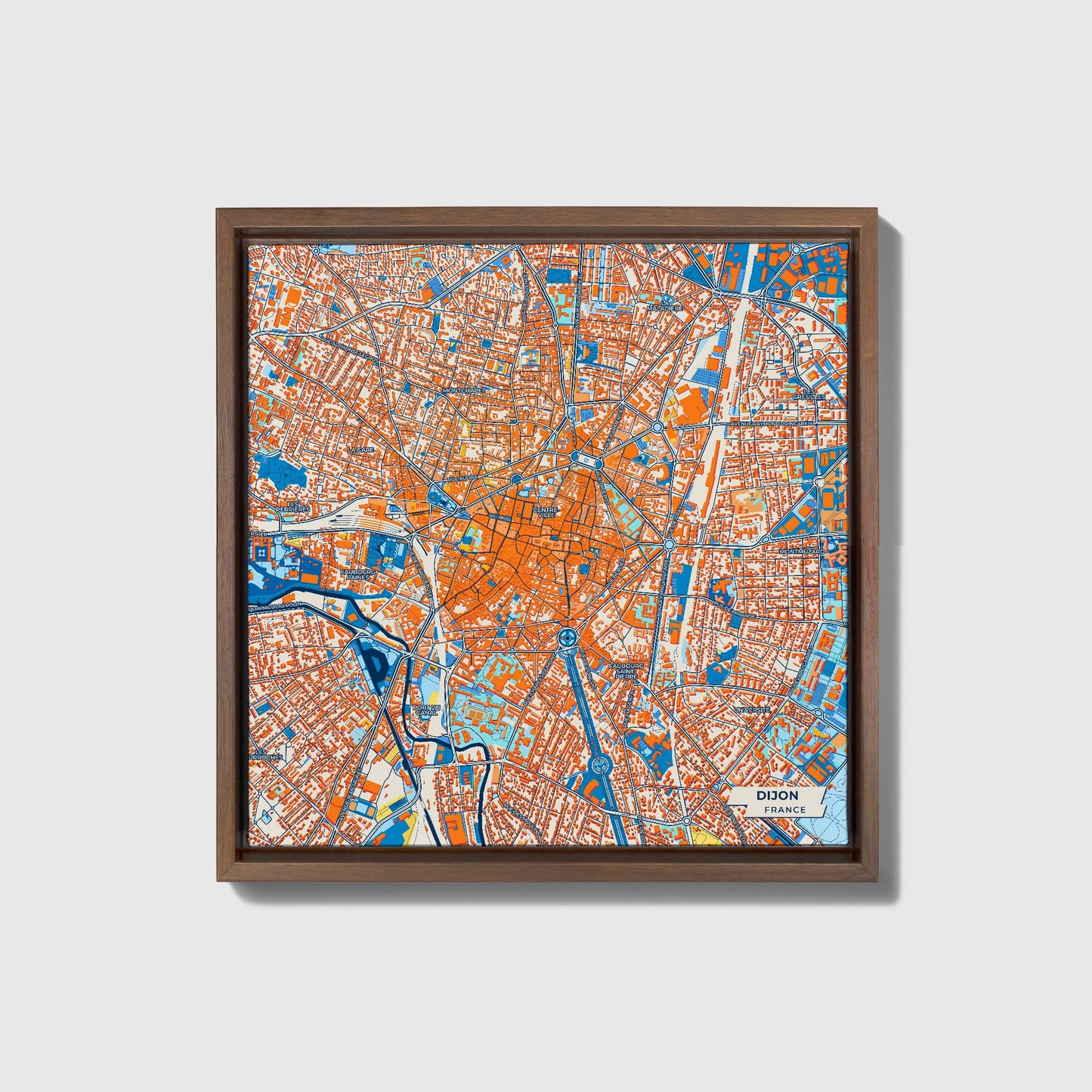 Dijon France Colorful City Map Canvas Print • Dark Wooden Framed