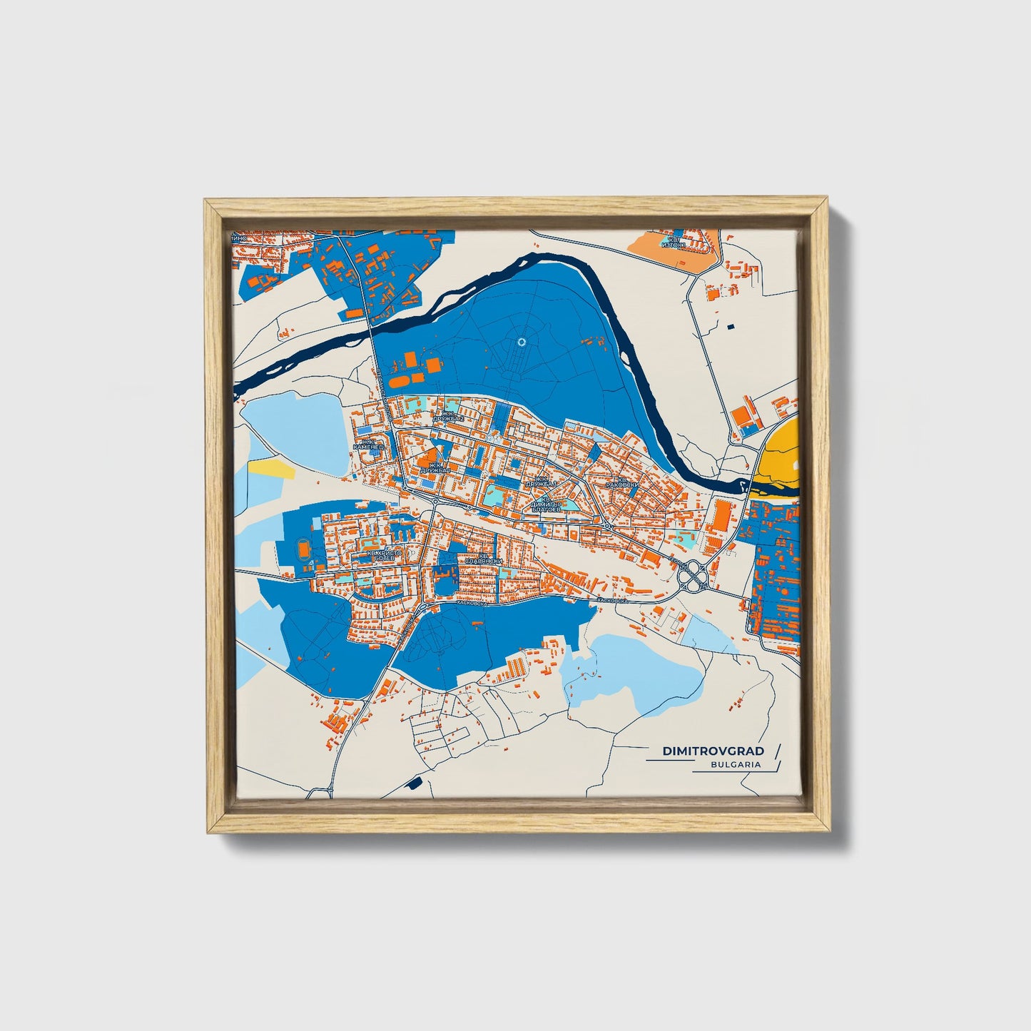 Димитровград Bulgaria Colorful City Map Canvas Print • Natural Wooden Framed