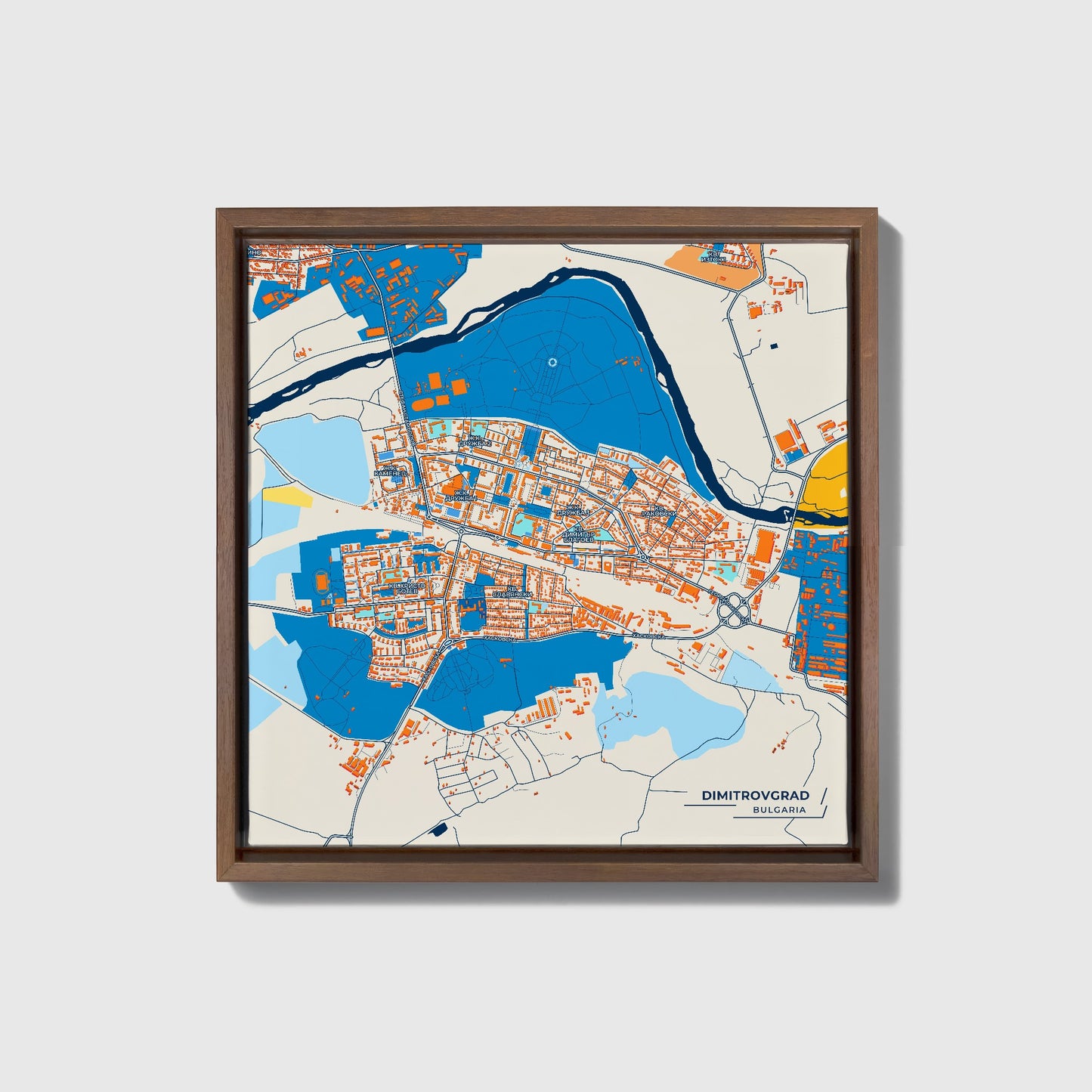 Димитровград Bulgaria Colorful City Map Canvas Print • Dark Wooden Framed