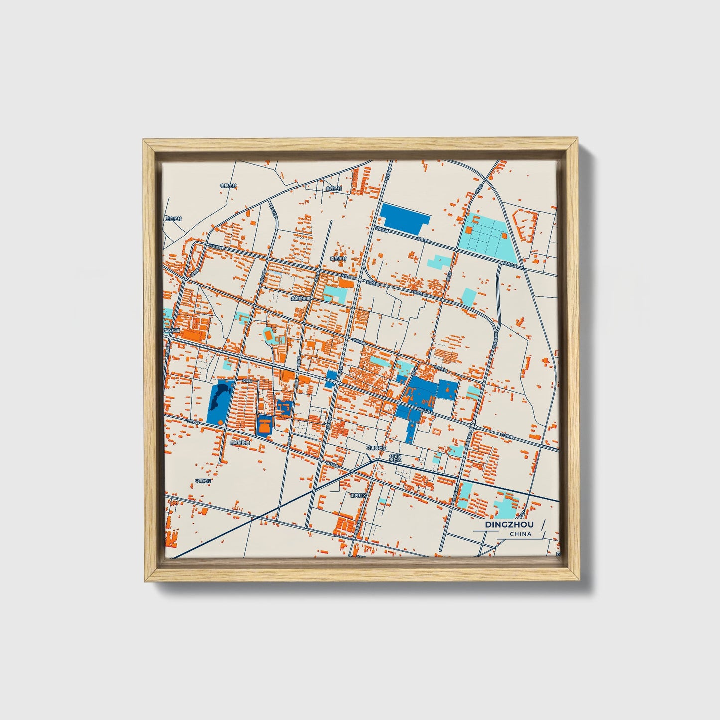 Dingzhou China Colorful City Map Canvas Print • Natural Wooden Framed