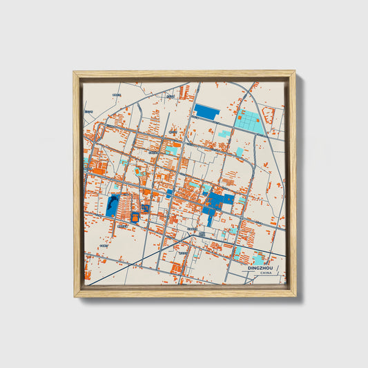 Dingzhou China Colorful City Map Canvas Print • Natural Wooden Framed