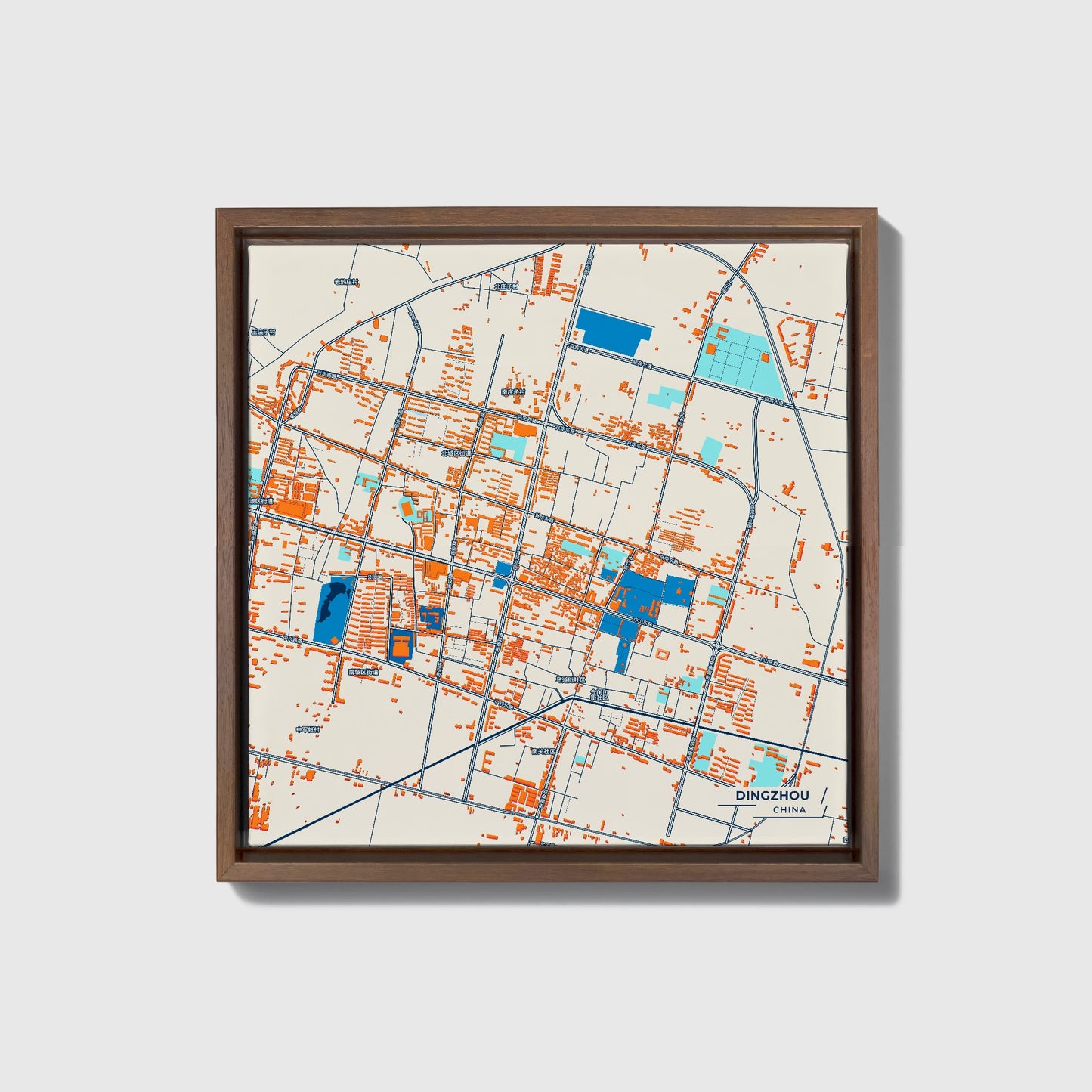 Dingzhou China Colorful City Map Canvas Print • Dark Wooden Framed