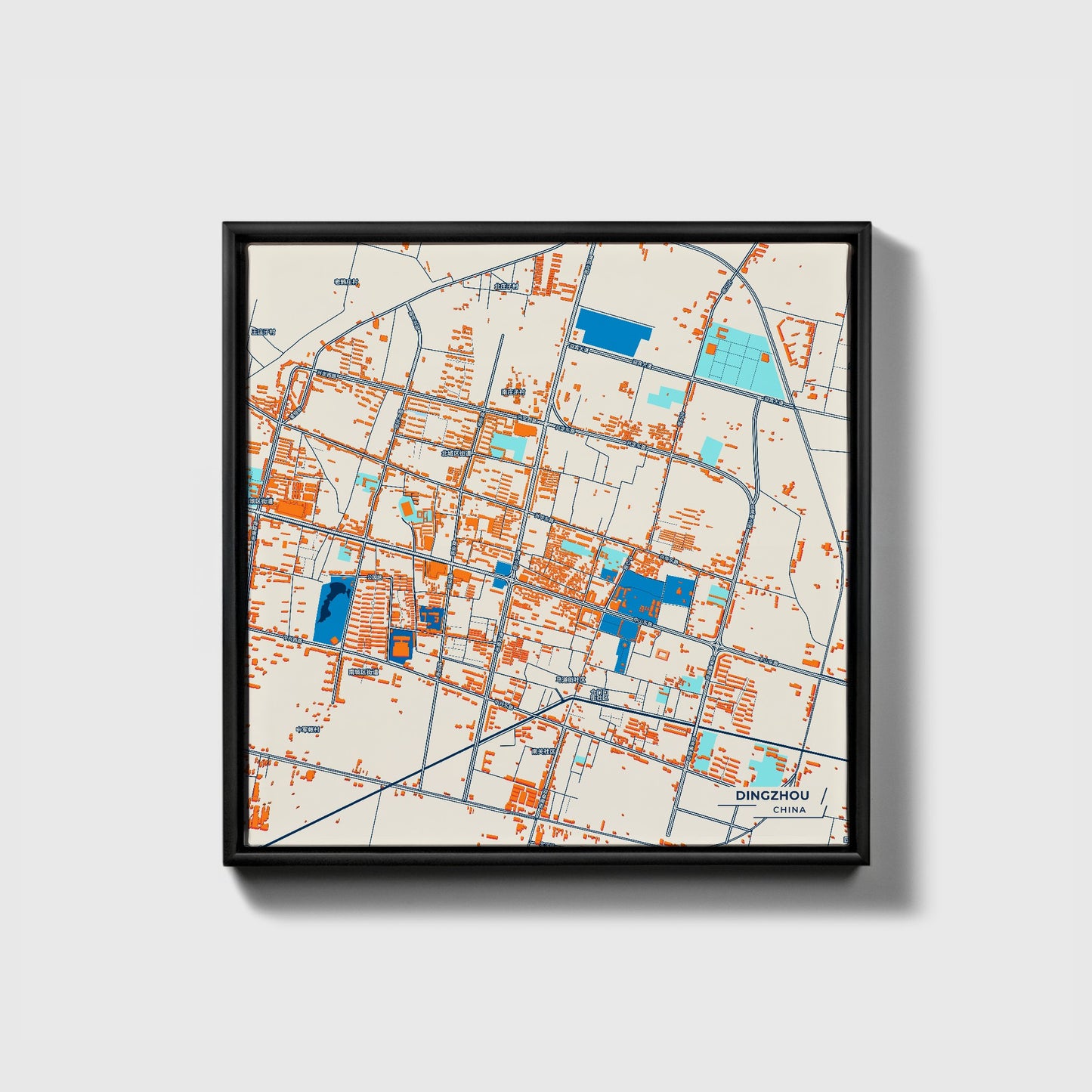 Dingzhou China Colorful City Map Canvas Print • Black Framed