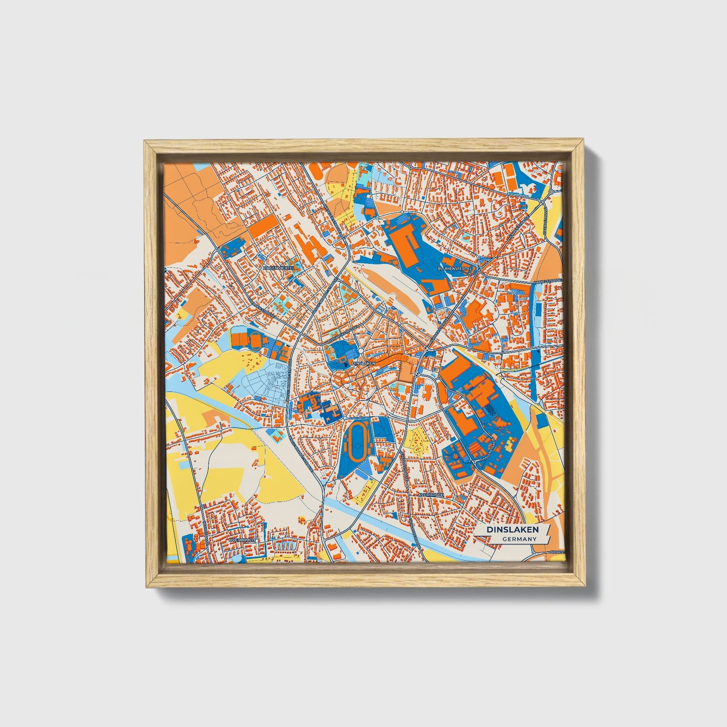 Dinslaken Germany Colorful City Map Canvas Print • Natural Wooden Framed