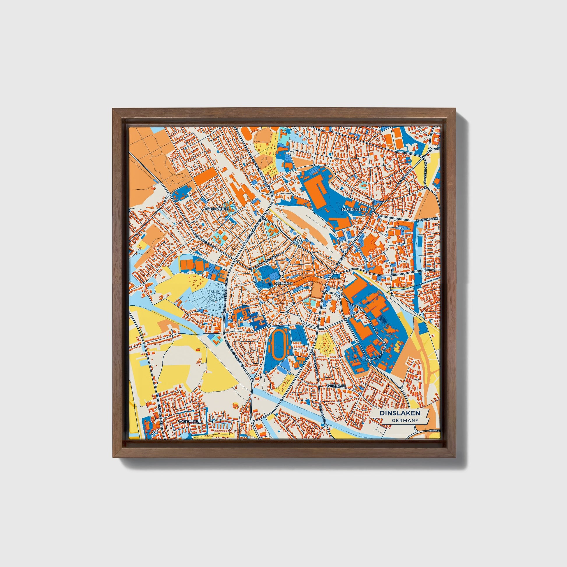 Dinslaken Germany Colorful City Map Canvas Print • Dark Wooden Framed
