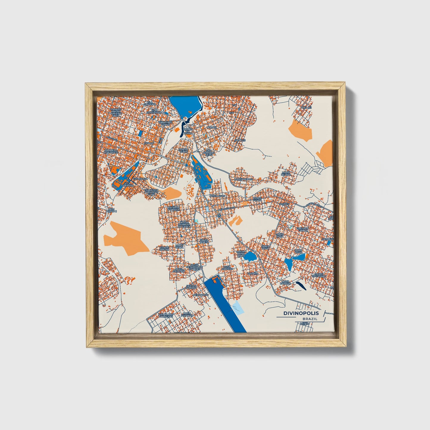 Divinopolis Brazil Colorful City Map Canvas Print • Natural Wooden Framed