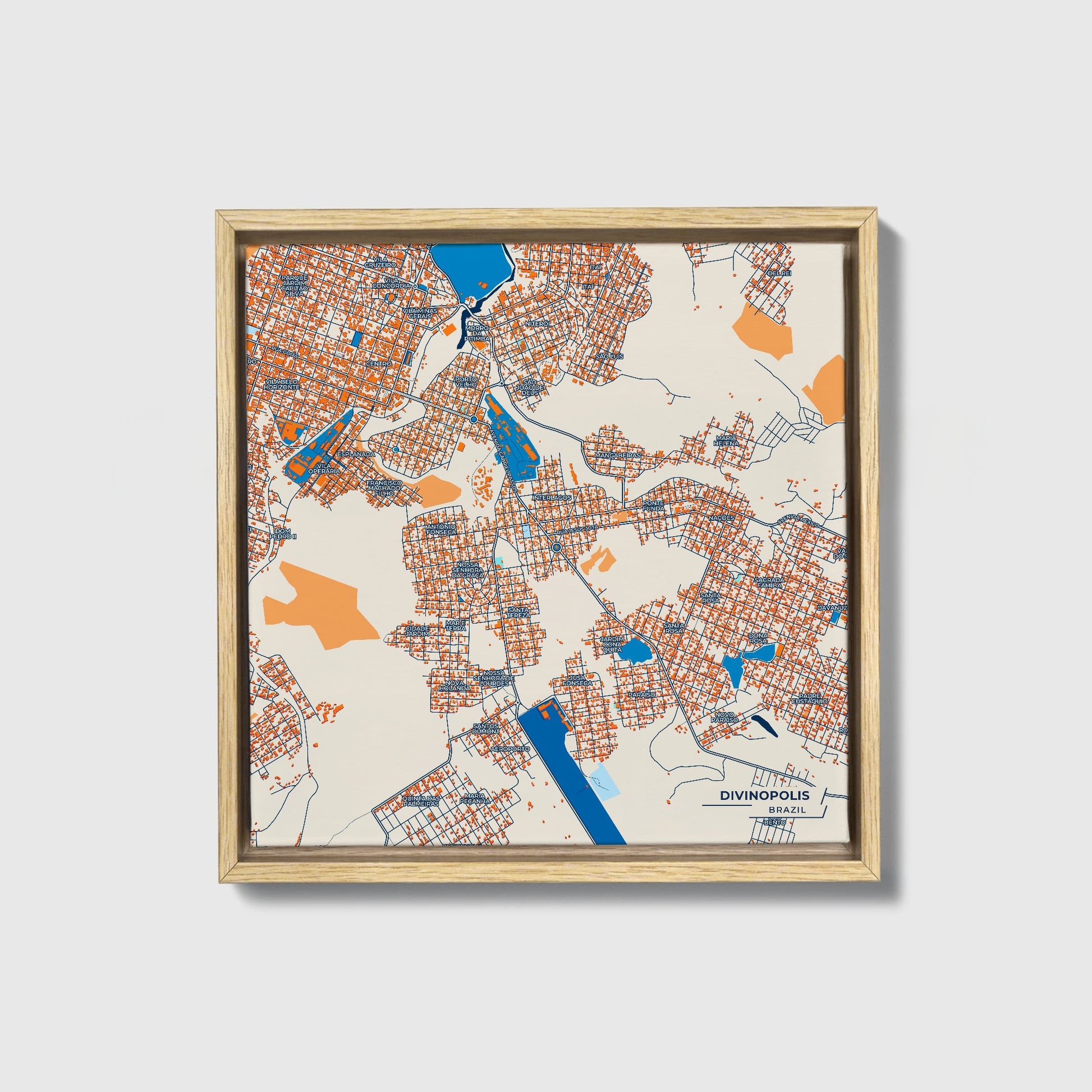 Divinopolis Brazil Colorful City Map Canvas Print • Natural Wooden Framed