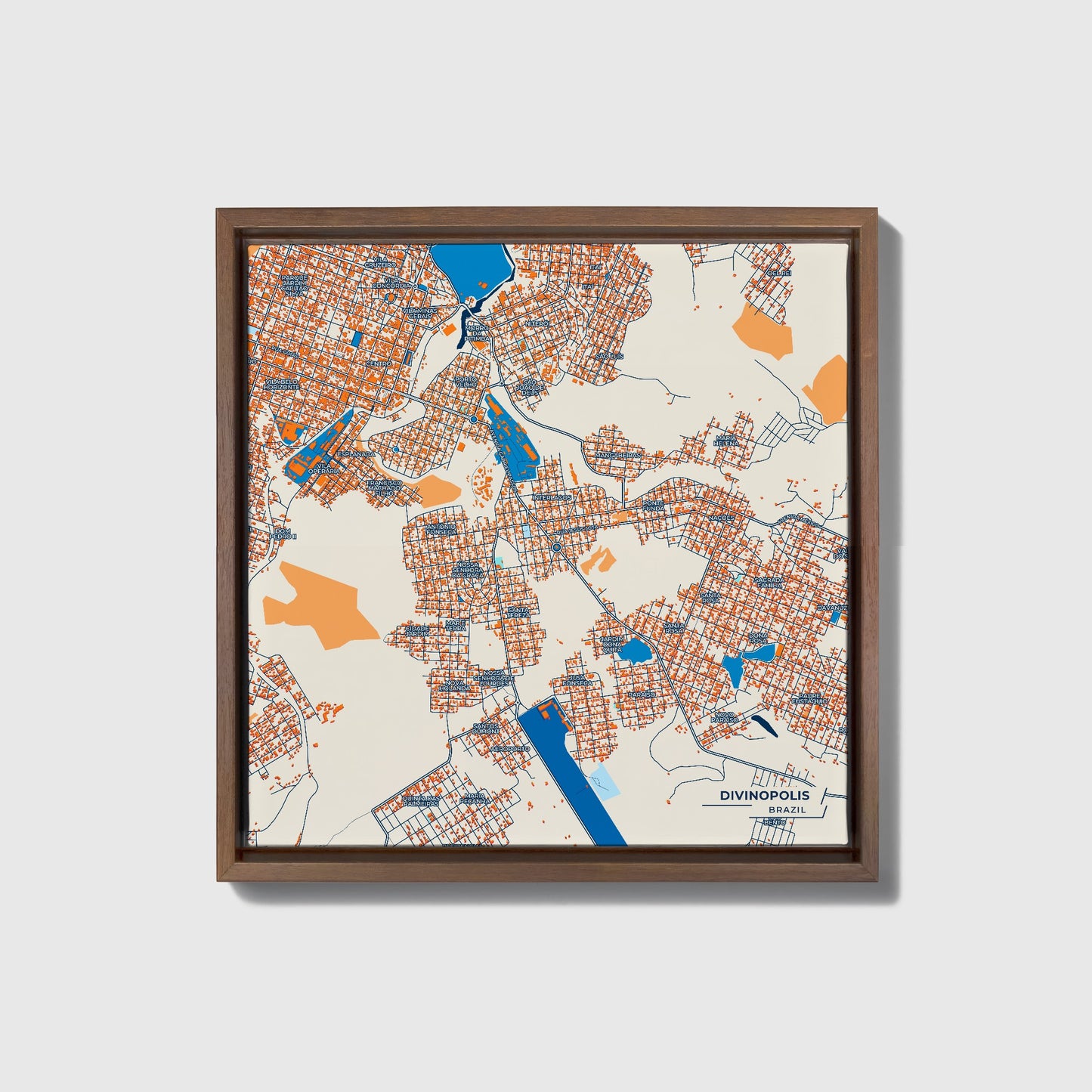 Divinopolis Brazil Colorful City Map Canvas Print • Dark Wooden Framed