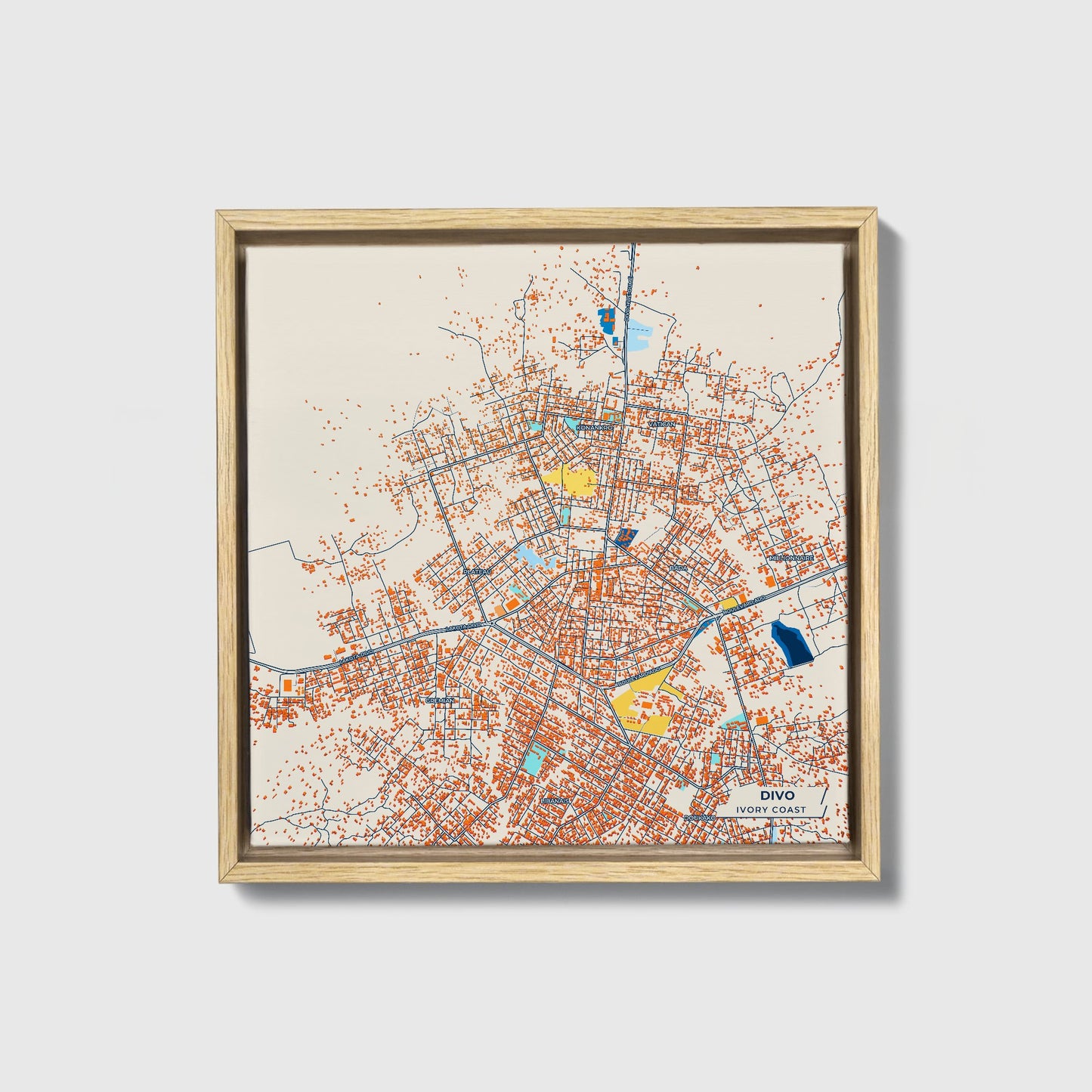 Divo Ivory Coast Colorful City Map Canvas Print • Natural Wooden Framed