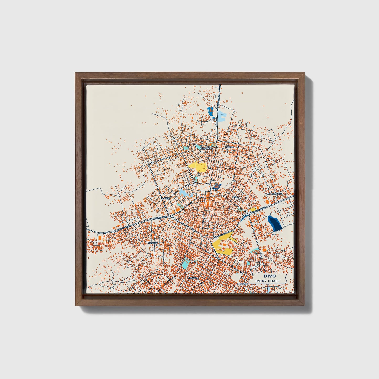Divo Ivory Coast Colorful City Map Canvas Print • Dark Wooden Framed