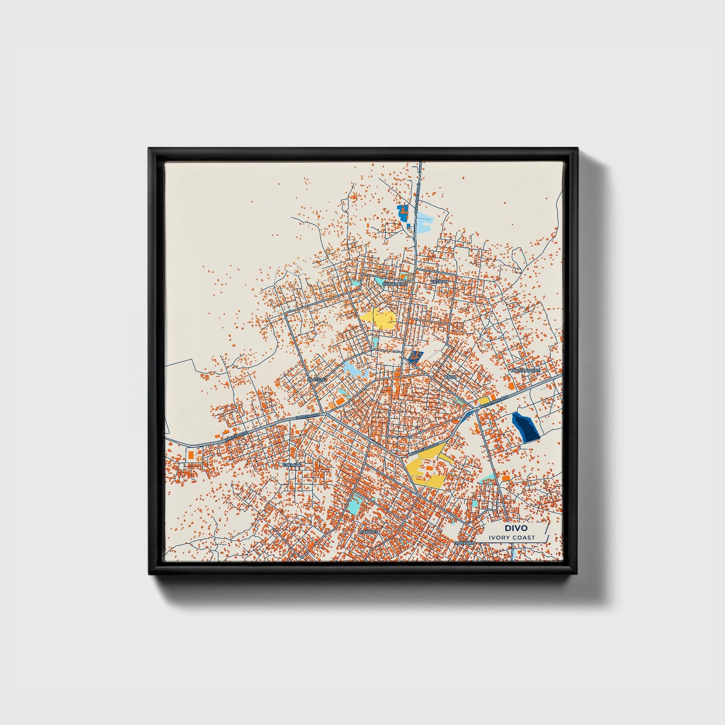 Divo Ivory Coast Colorful City Map Canvas Print • Black Framed