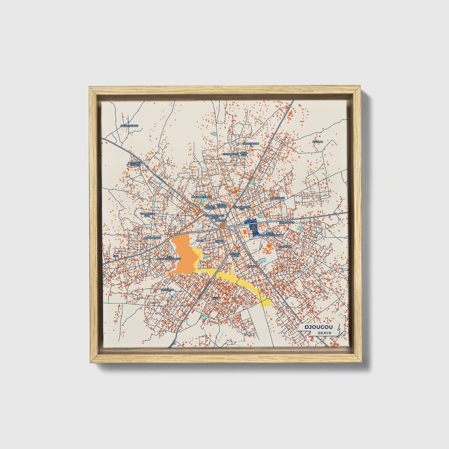 Djougou Benin Colorful City Map Canvas Print • Natural Wooden Framed