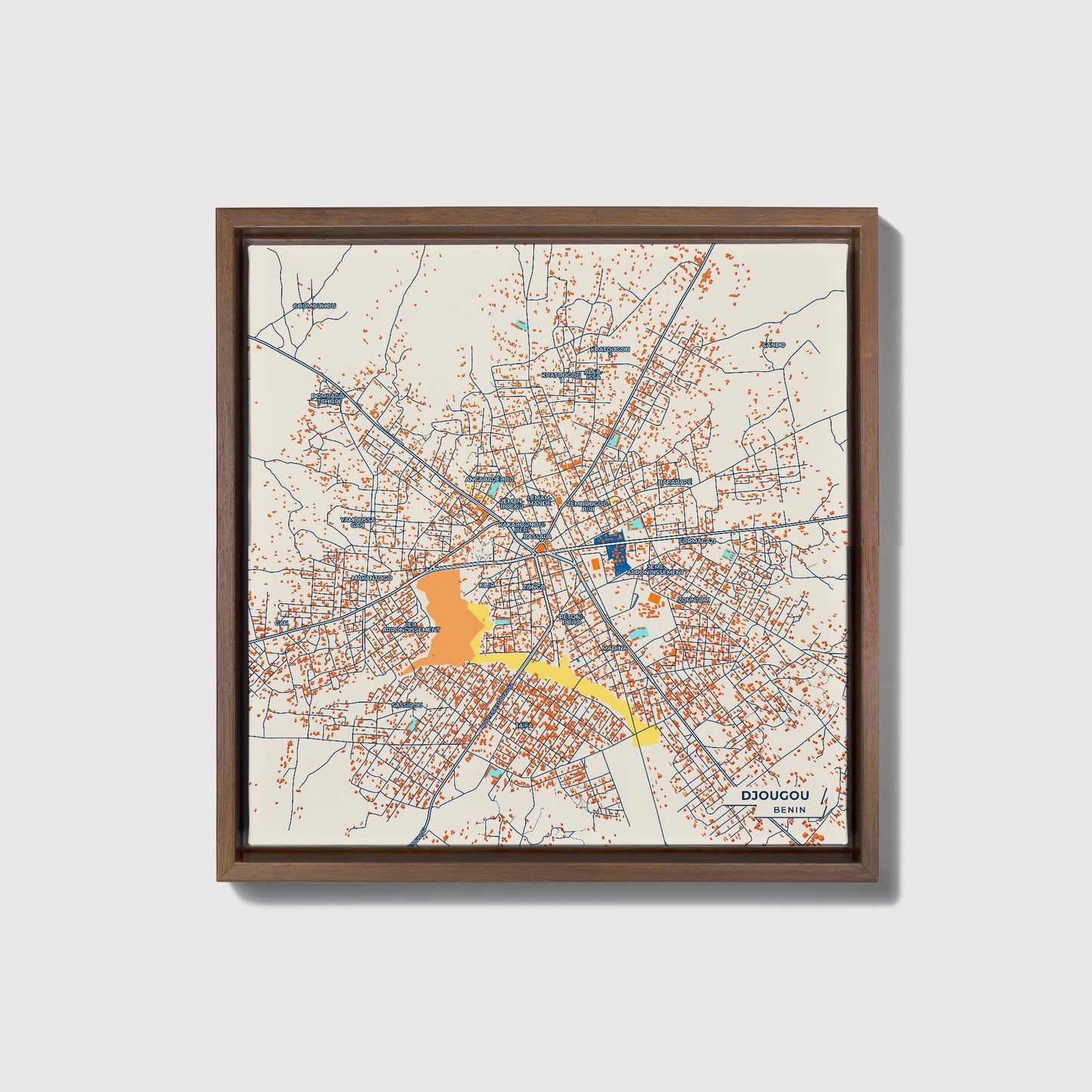 Djougou Benin Colorful City Map Canvas Print • Dark Wooden Framed