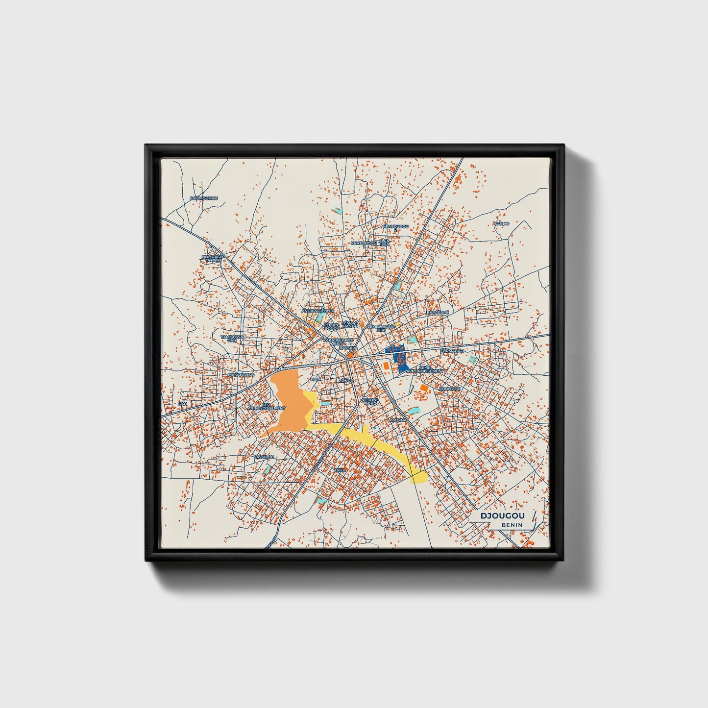 Djougou Benin Colorful City Map Canvas Print • Black Framed
