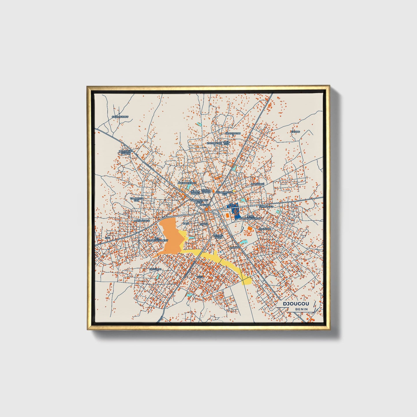 Djougou Benin Colorful City Map Canvas Print • Gold Framed