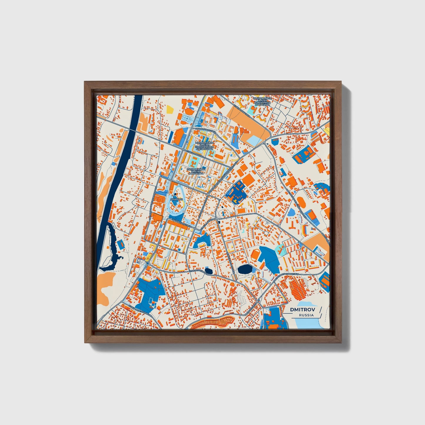 Дмитров Russia Colorful City Map Canvas Print • Dark Wooden Framed
