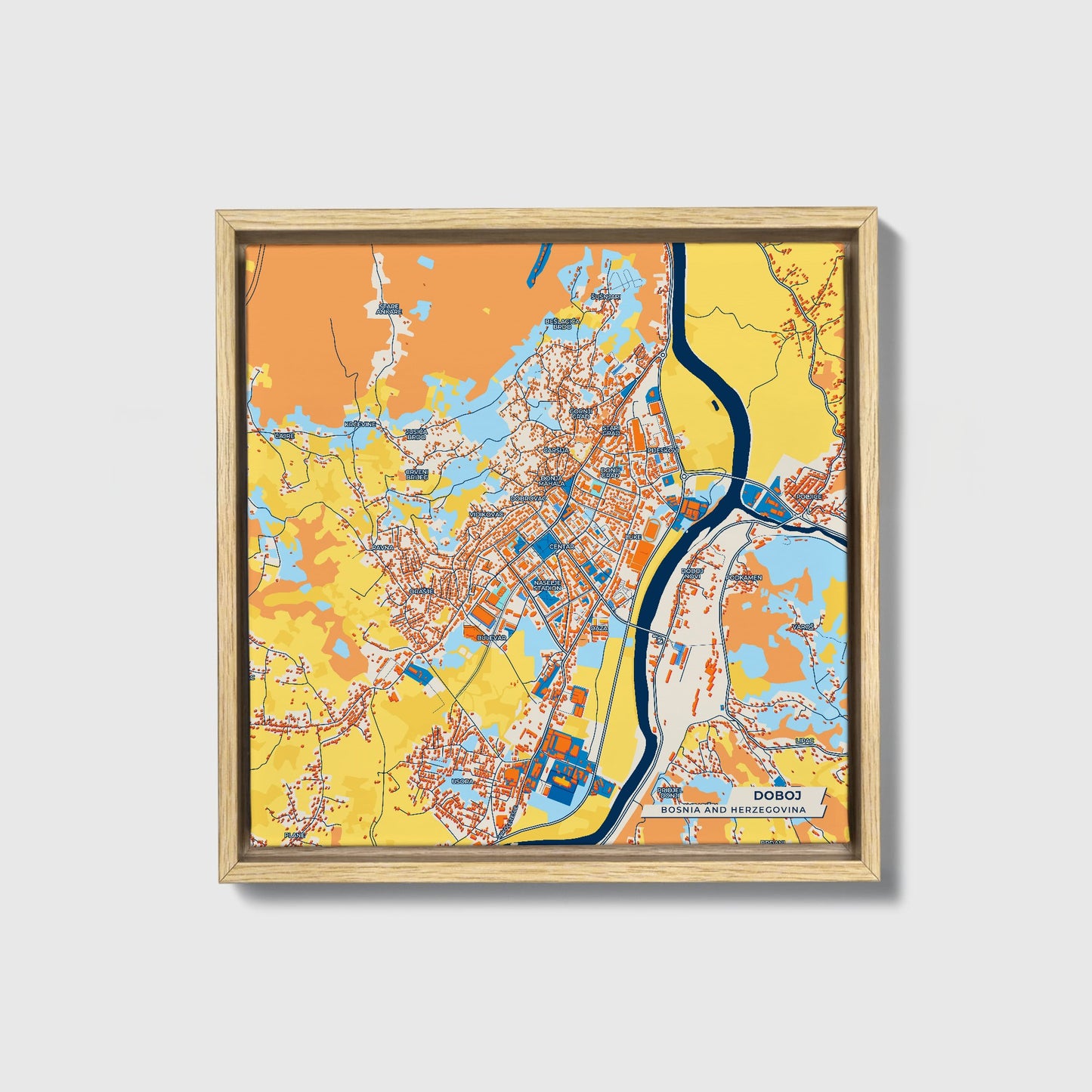 Doboj Bosnia And Herzegovina Colorful City Map Canvas Print • Natural Wooden Framed