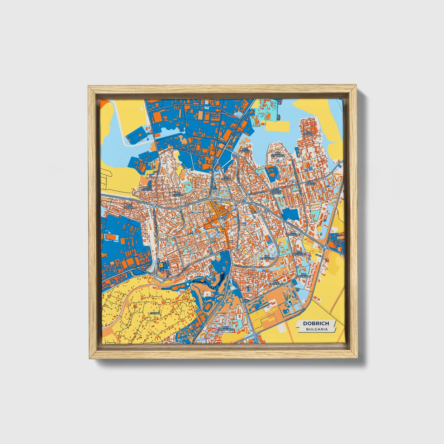 Добрич Bulgaria Colorful City Map Canvas Print • Natural Wooden Framed