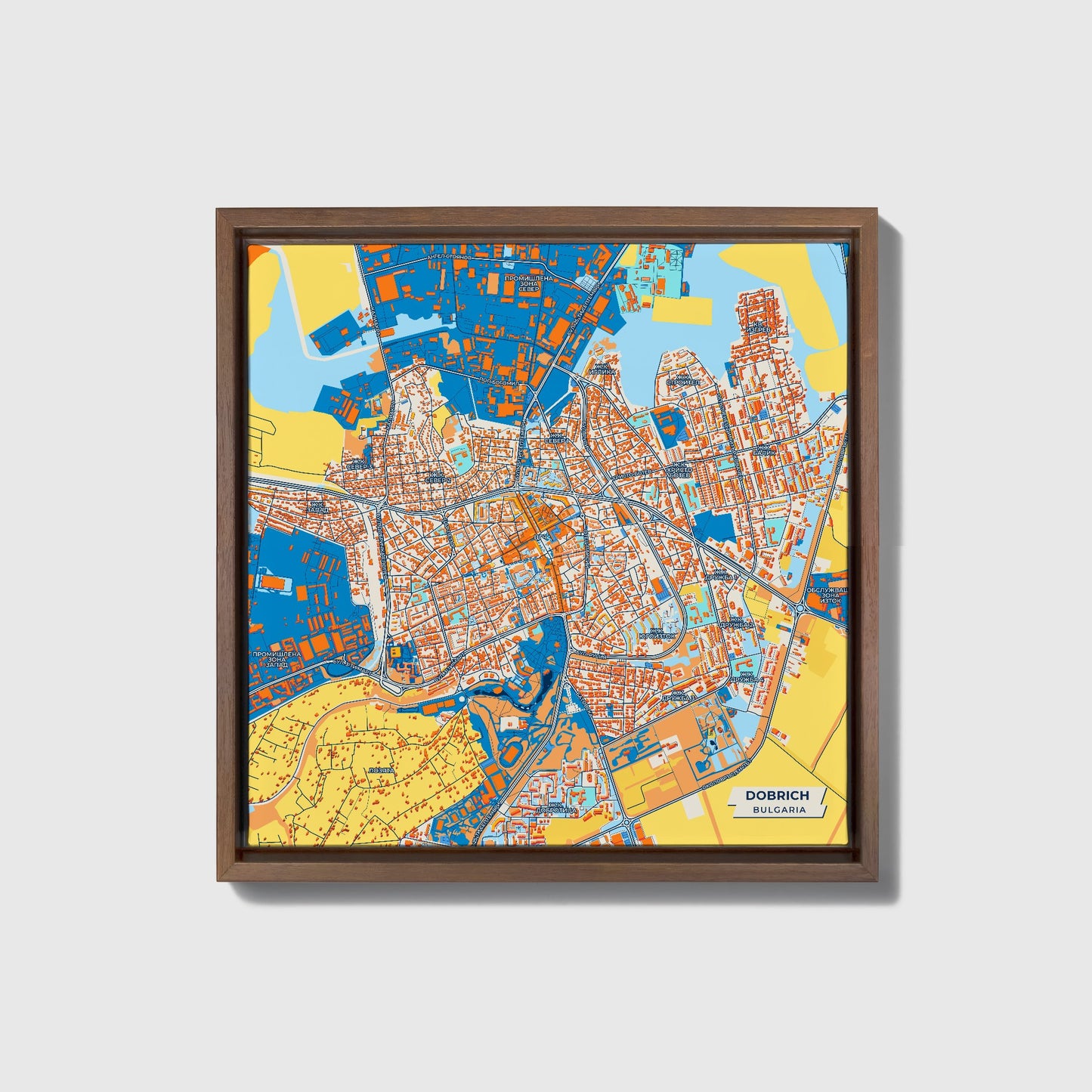 Добрич Bulgaria Colorful City Map Canvas Print • Dark Wooden Framed