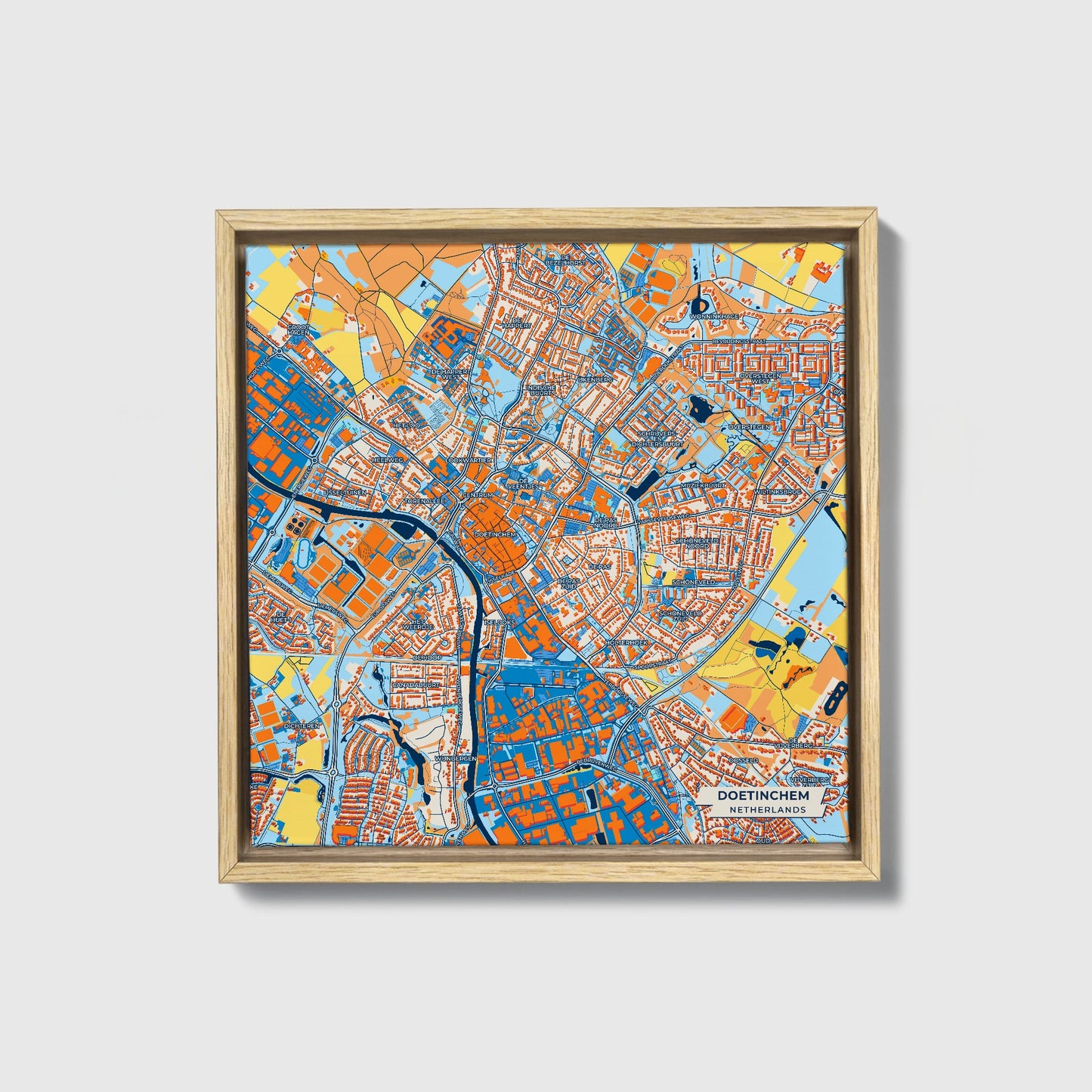Doetinchem Netherlands Colorful City Map Canvas Print • Natural Wooden Framed
