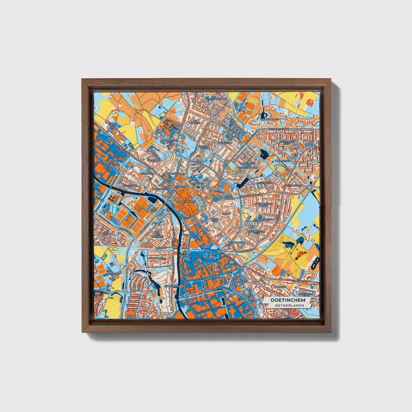 Doetinchem Netherlands Colorful City Map Canvas Print • Dark Wooden Framed