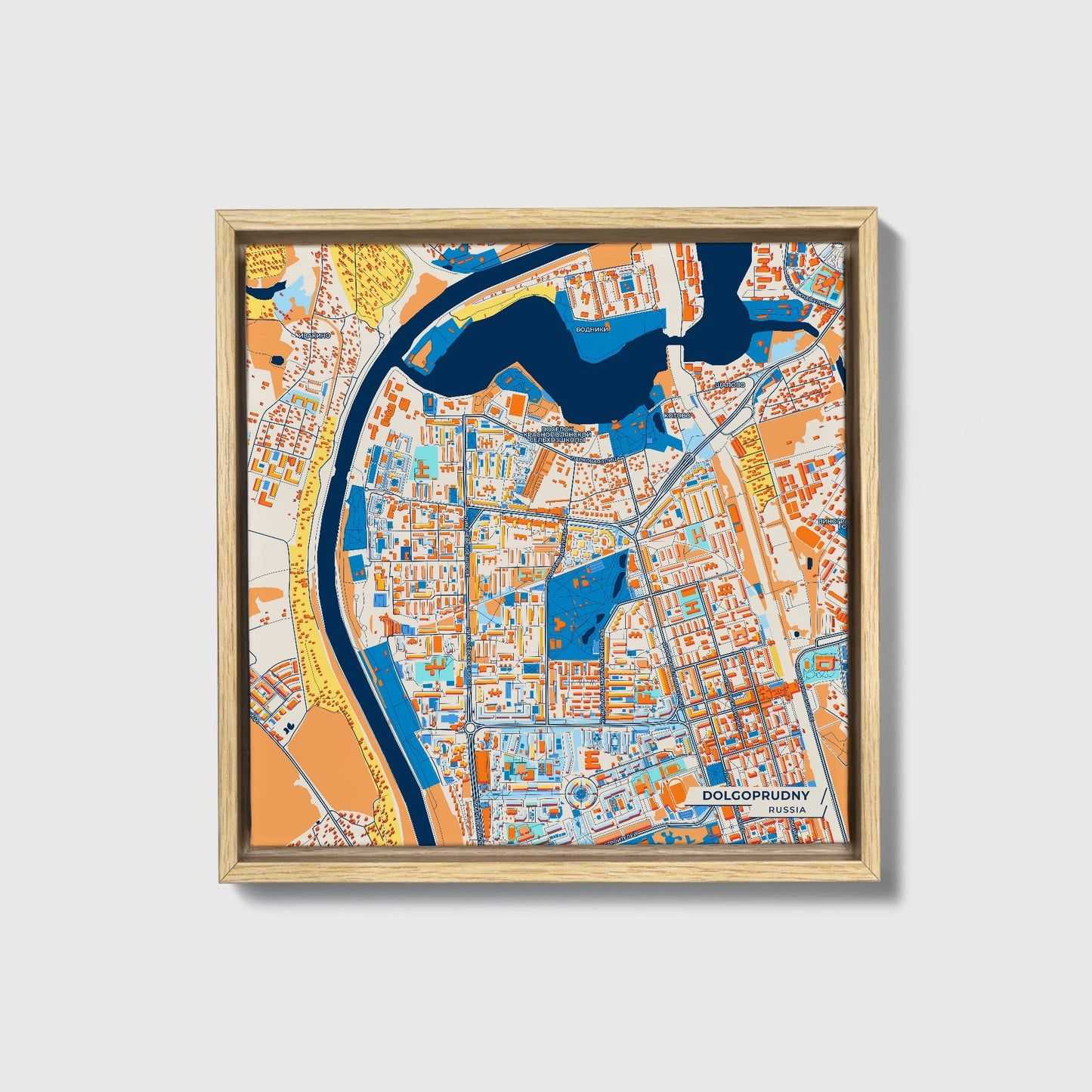Долгопрудный Russia Colorful City Map Canvas Print • Natural Wooden Framed