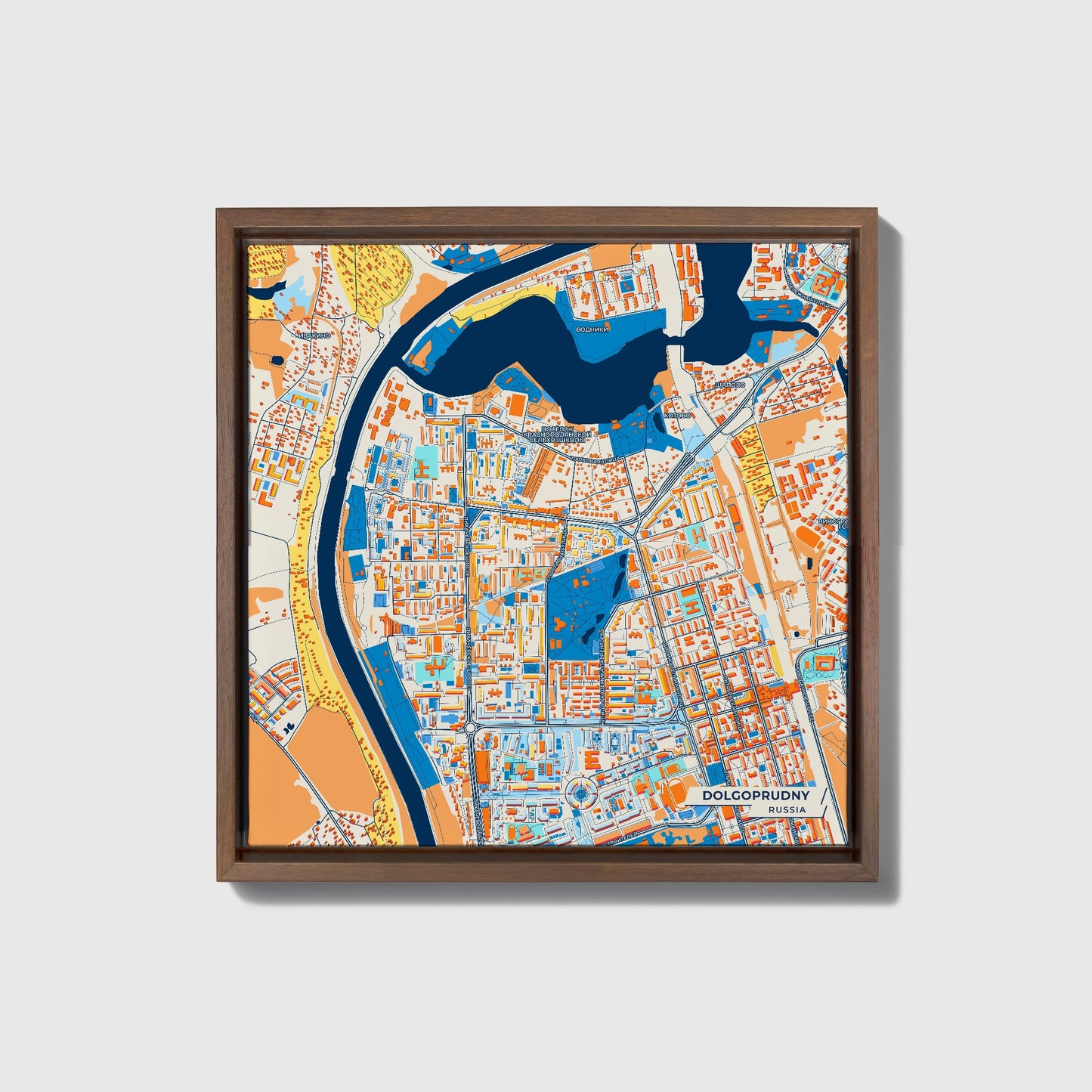 Долгопрудный Russia Colorful City Map Canvas Print • Dark Wooden Framed