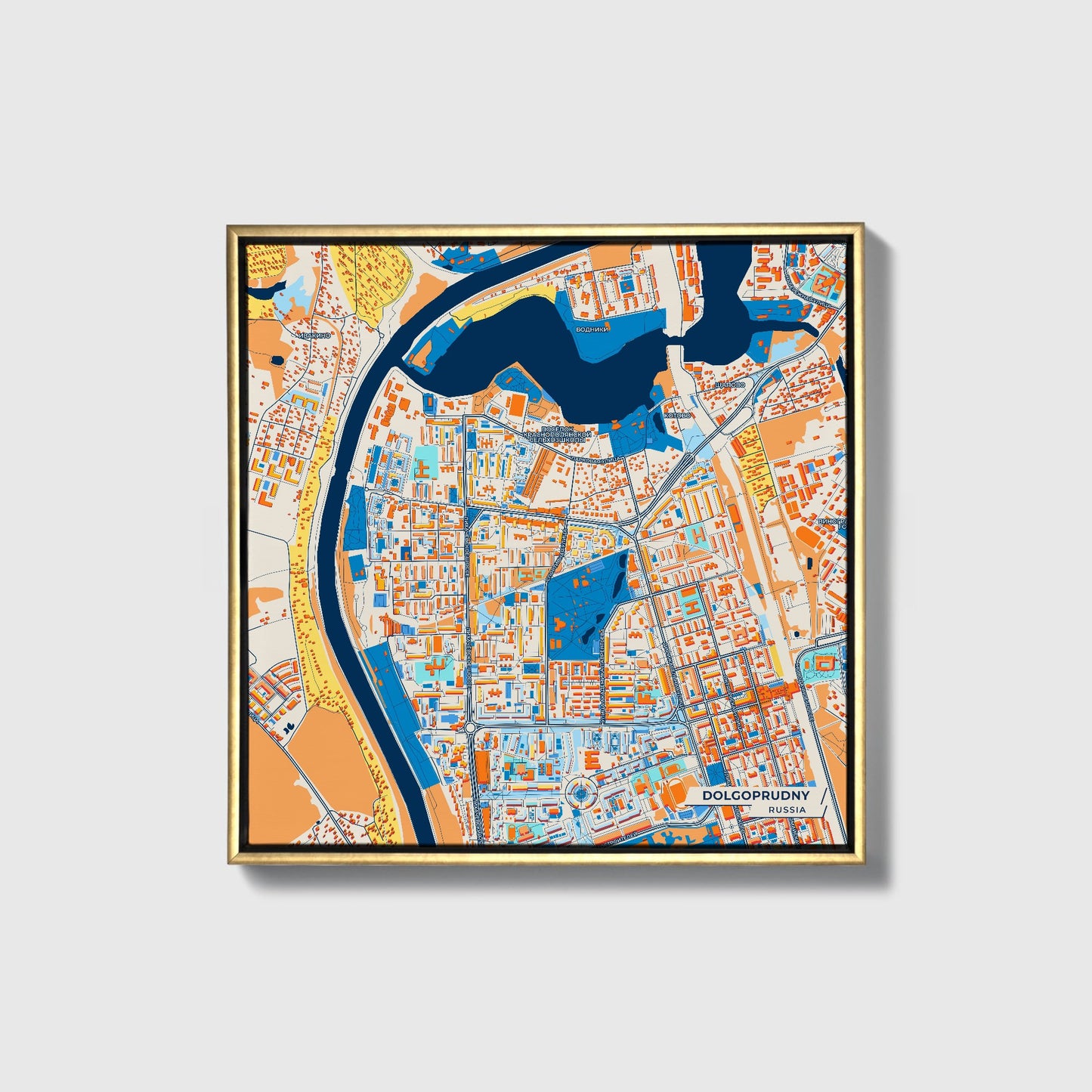 Долгопрудный Russia Colorful City Map Canvas Print • Gold Framed