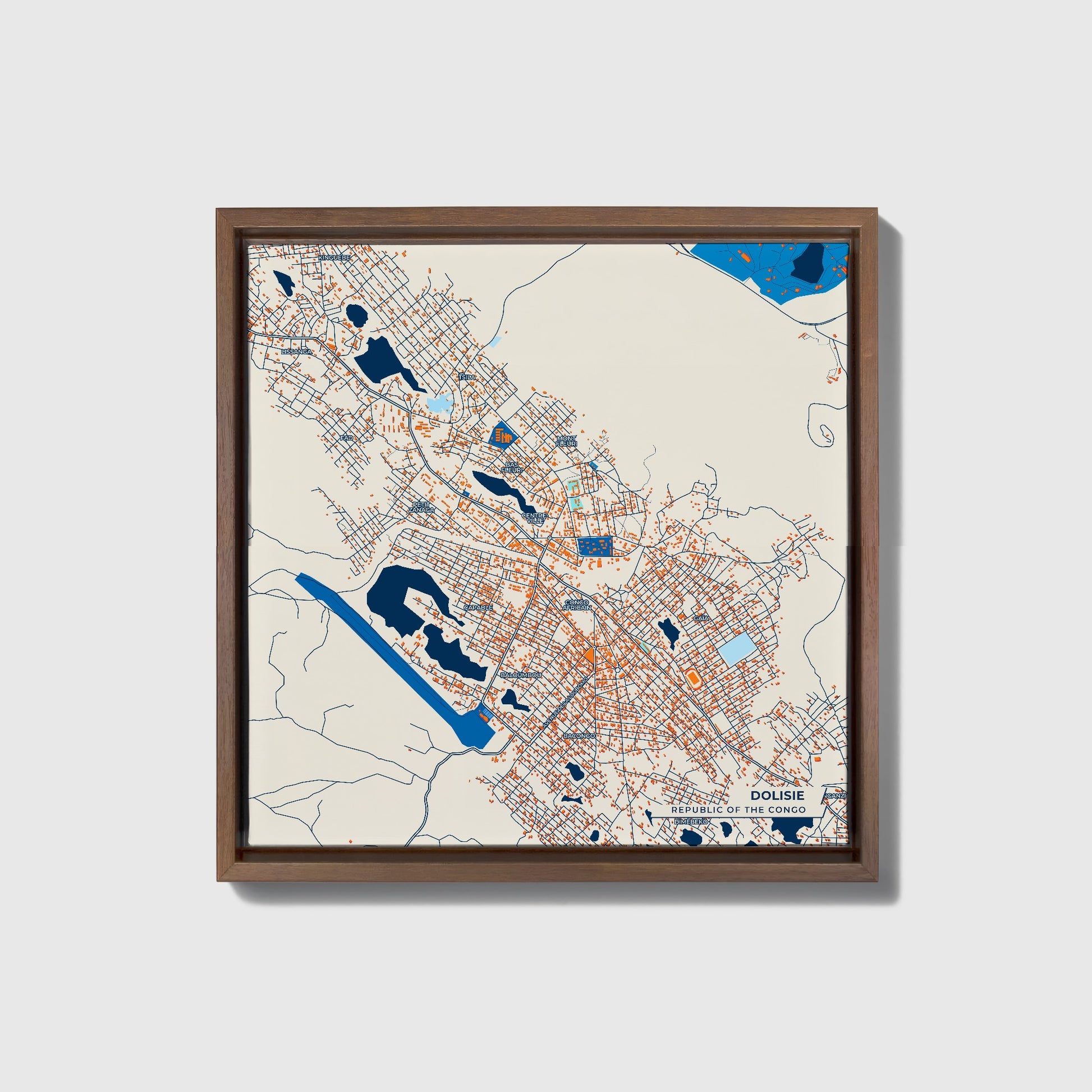 Dolisie Republic Of The Congo Colorful City Map Canvas Print • Dark Wooden Framed