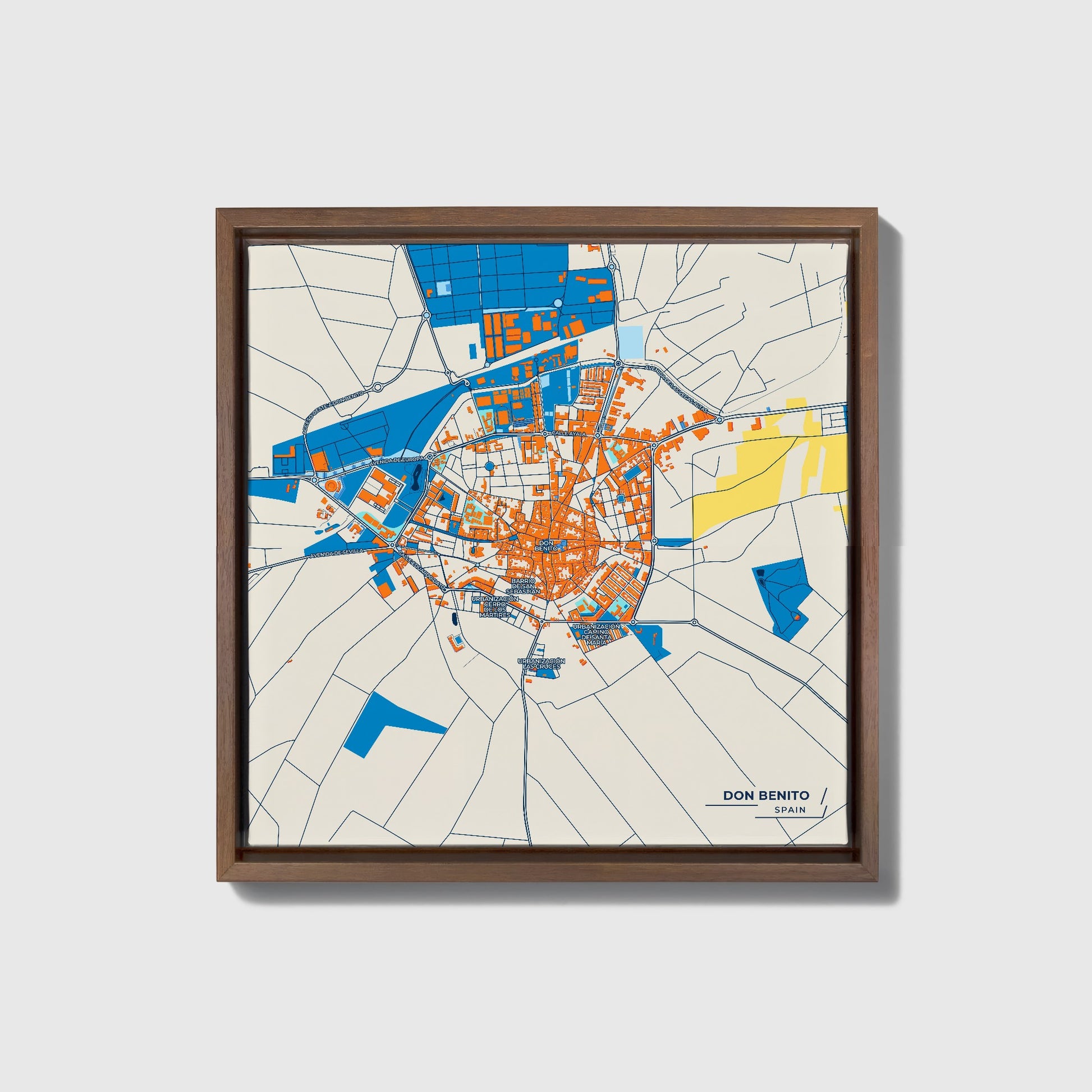 Don Benito Spain Colorful City Map Canvas Print • Dark Wooden Framed