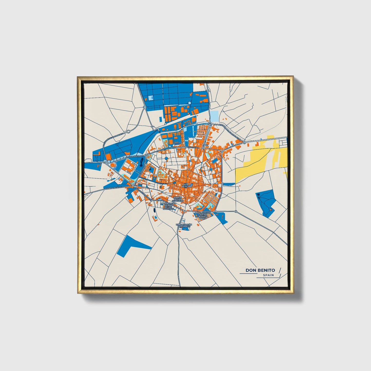 Don Benito Spain Colorful City Map Canvas Print • Gold Framed
