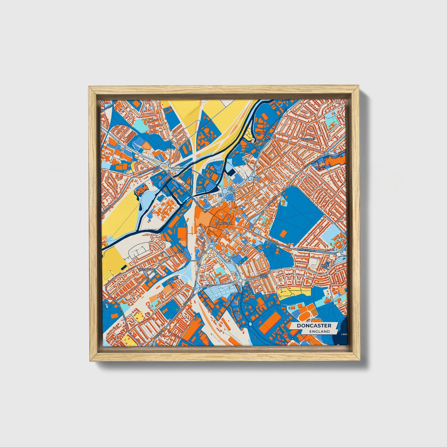Doncaster England Colorful City Map Canvas Print • Natural Wooden Framed