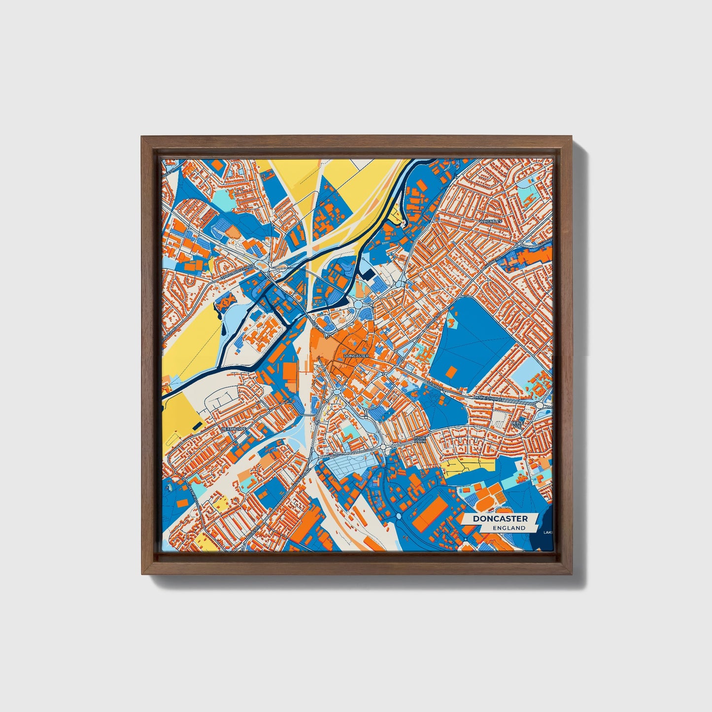Doncaster England Colorful City Map Canvas Print • Dark Wooden Framed