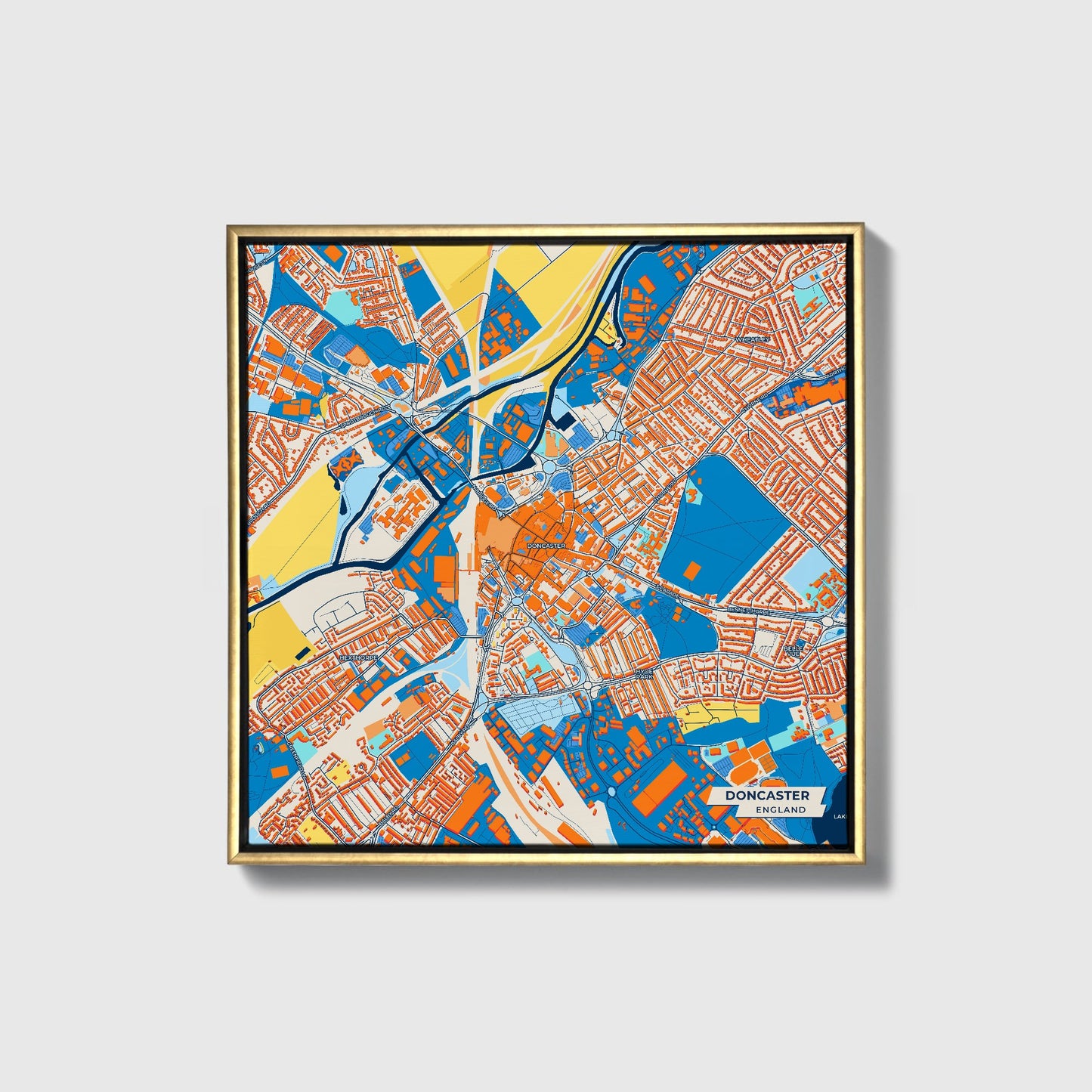 Doncaster England Colorful City Map Canvas Print • Gold Framed