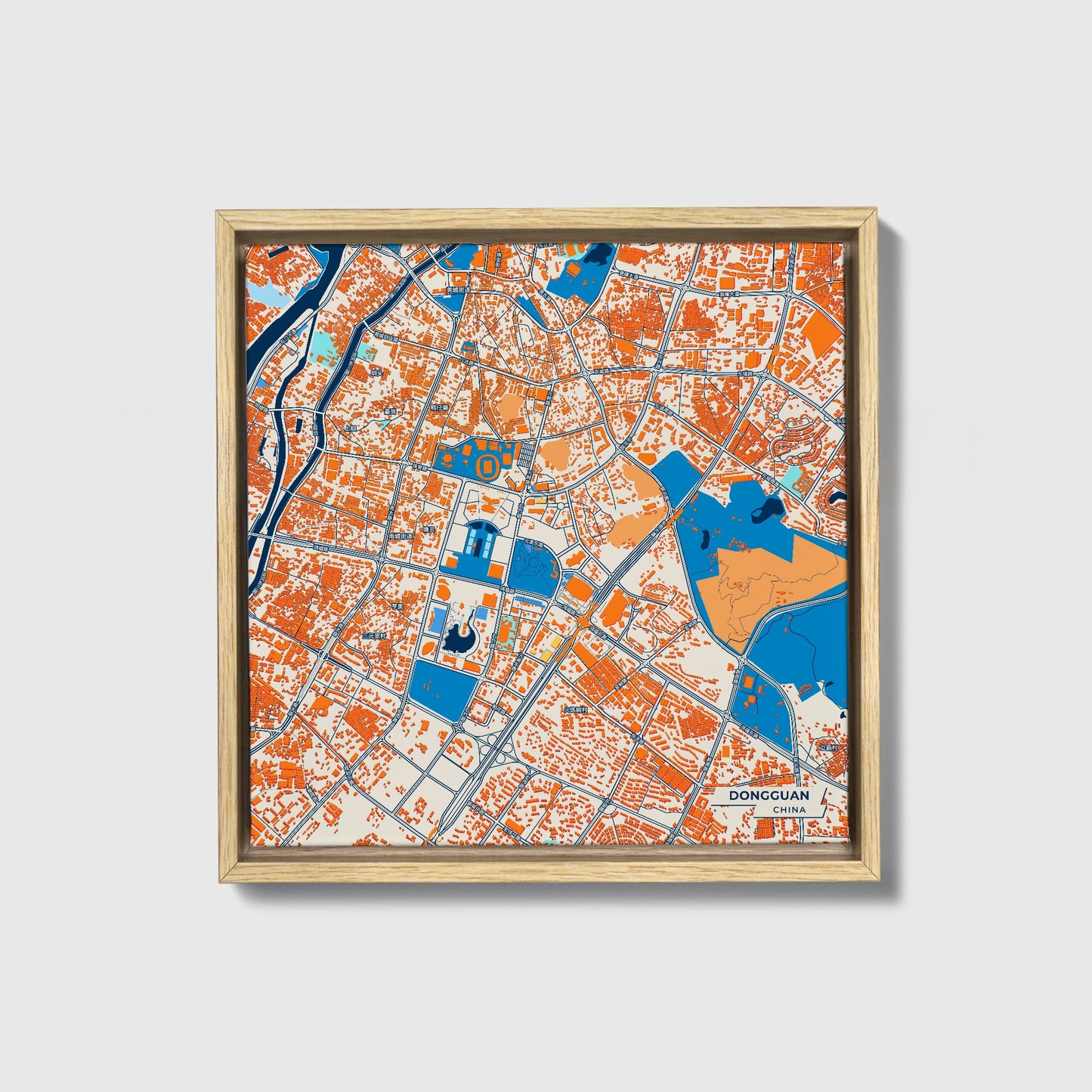 Dongguan China Colorful City Map Canvas Print • Natural Wooden Framed