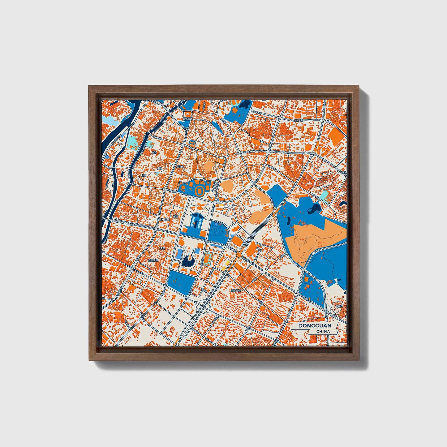 Dongguan China Colorful City Map Canvas Print • Dark Wooden Framed