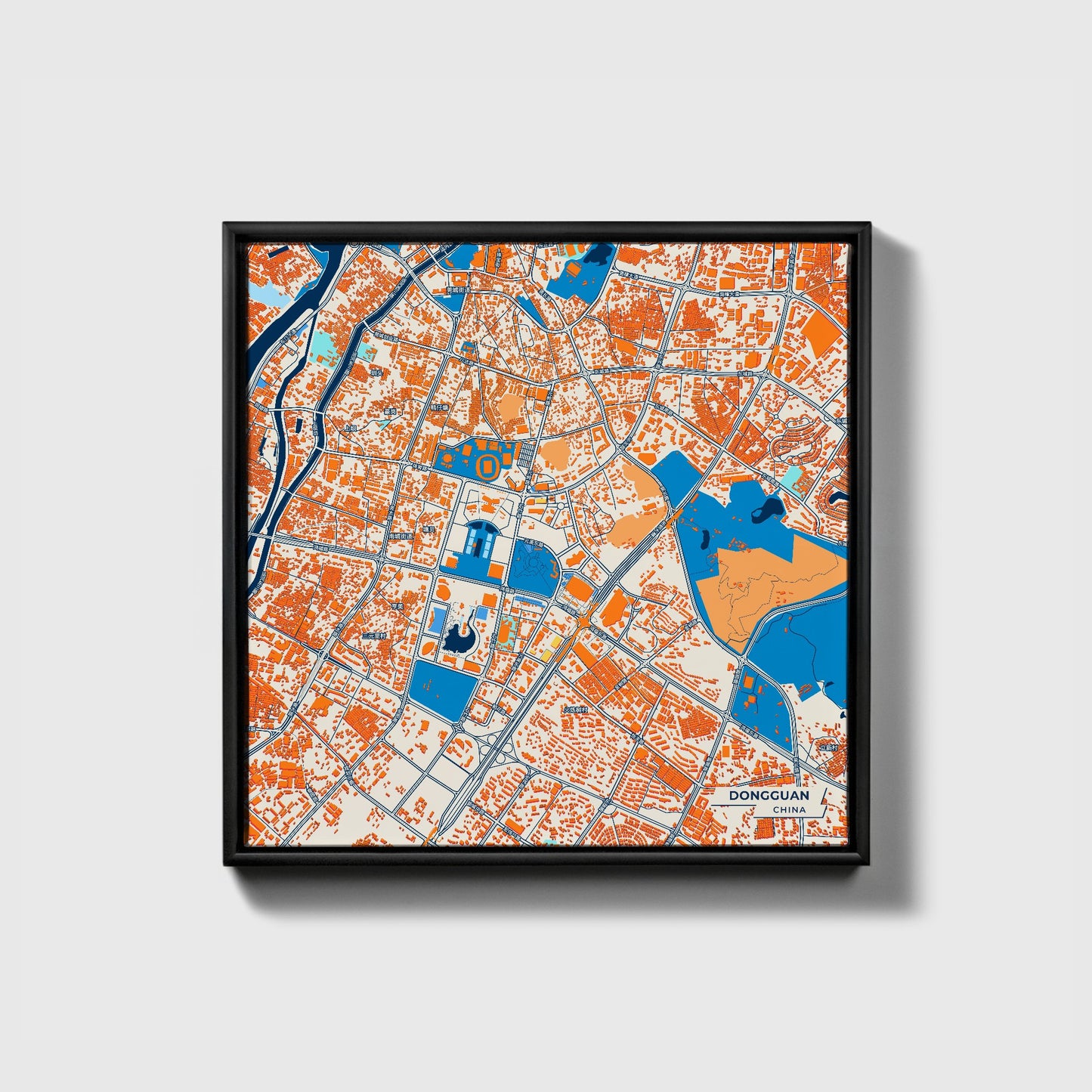 Dongguan China Colorful City Map Canvas Print • Black Framed
