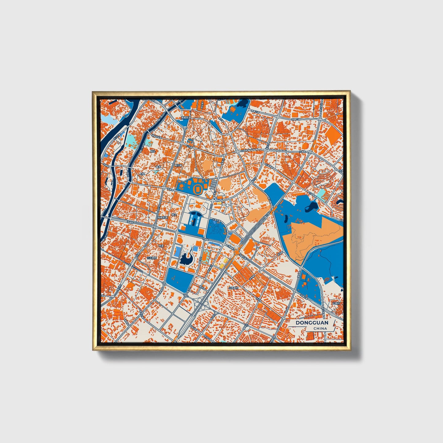 Dongguan China Colorful City Map Canvas Print • Gold Framed