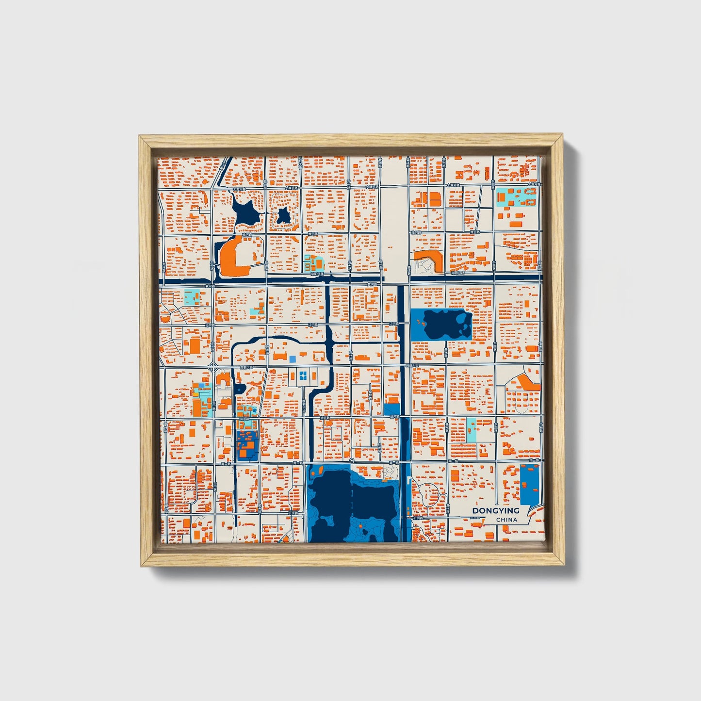Dongying China Colorful City Map Canvas Print • Natural Wooden Framed
