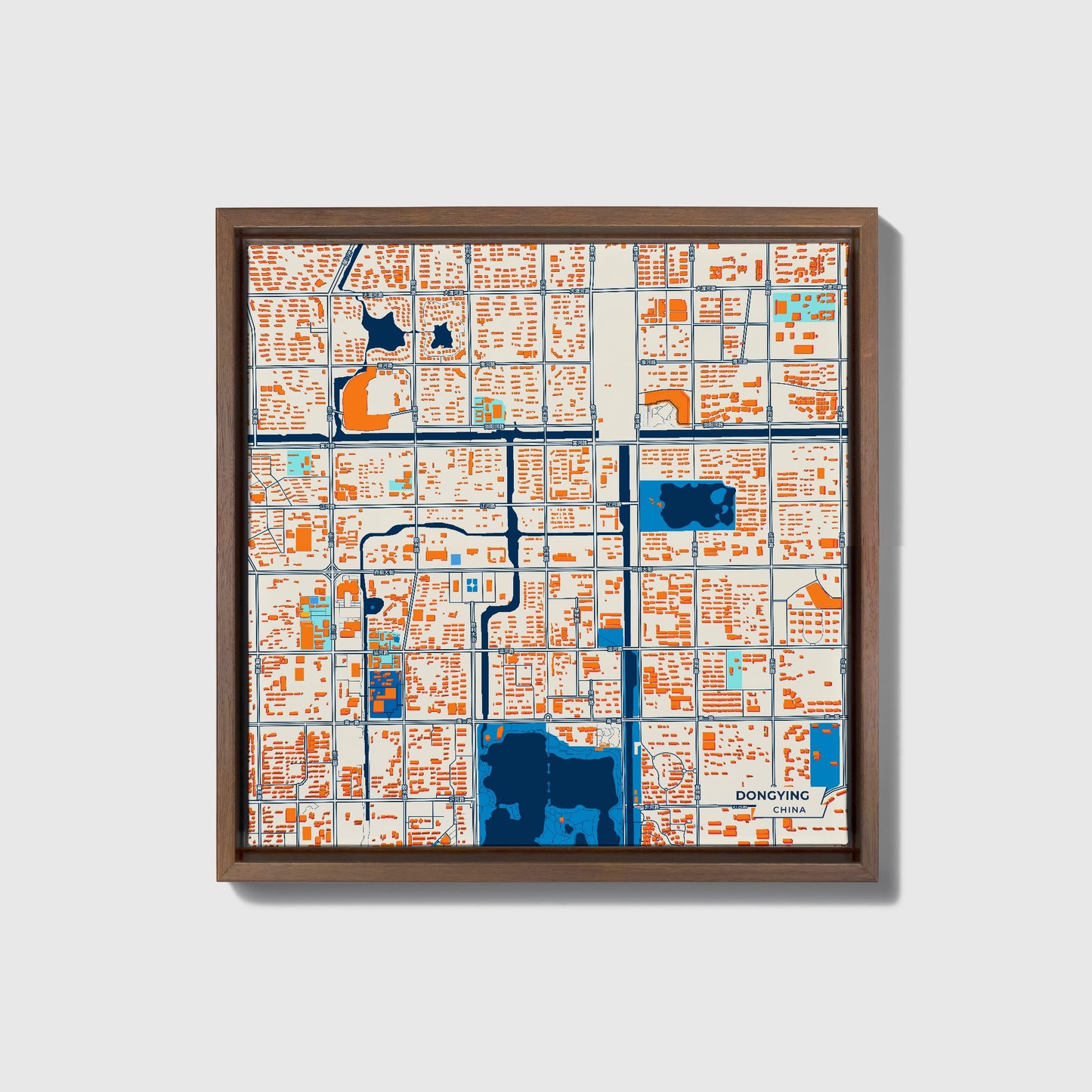Dongying China Colorful City Map Canvas Print • Dark Wooden Framed