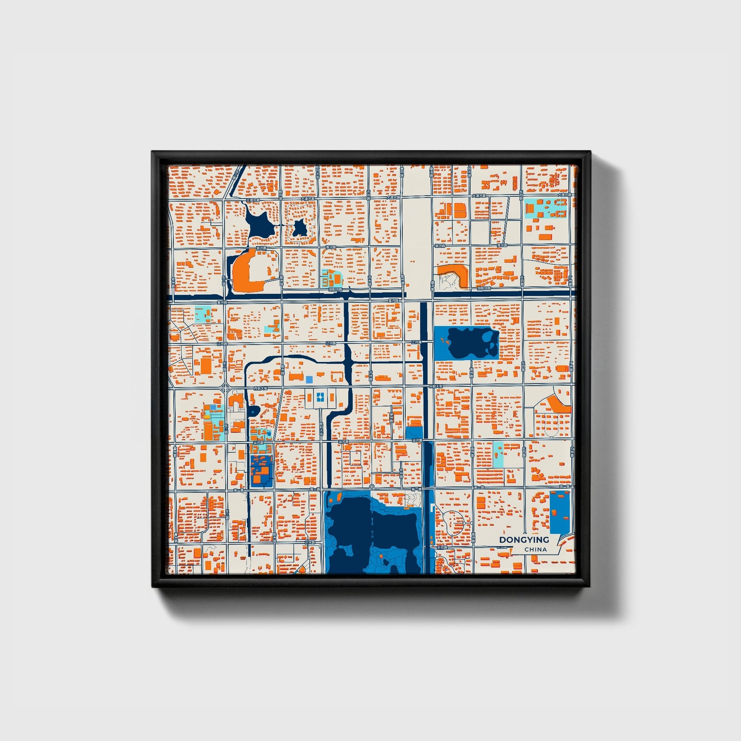Dongying China Colorful City Map Canvas Print • Black Framed