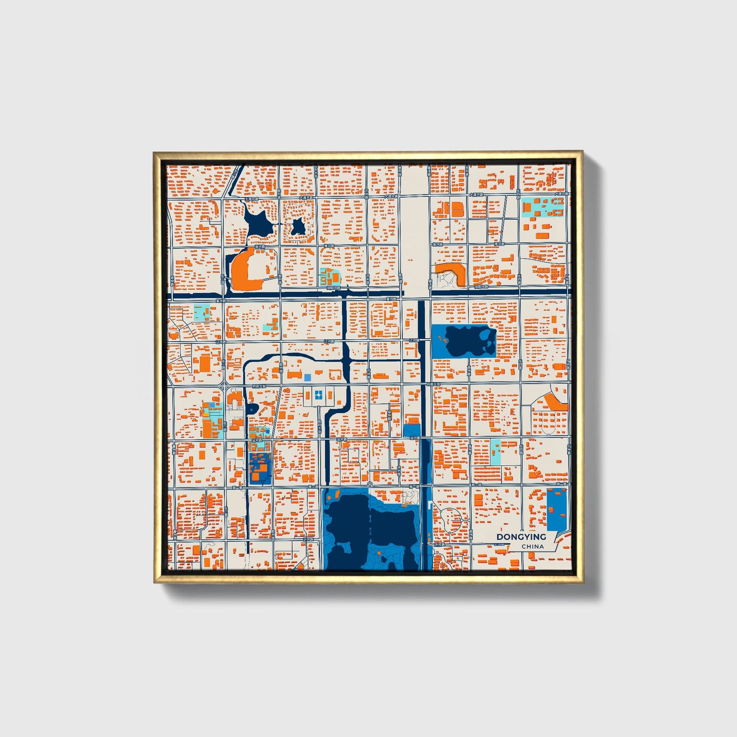 Dongying China Colorful City Map Canvas Print • Gold Framed