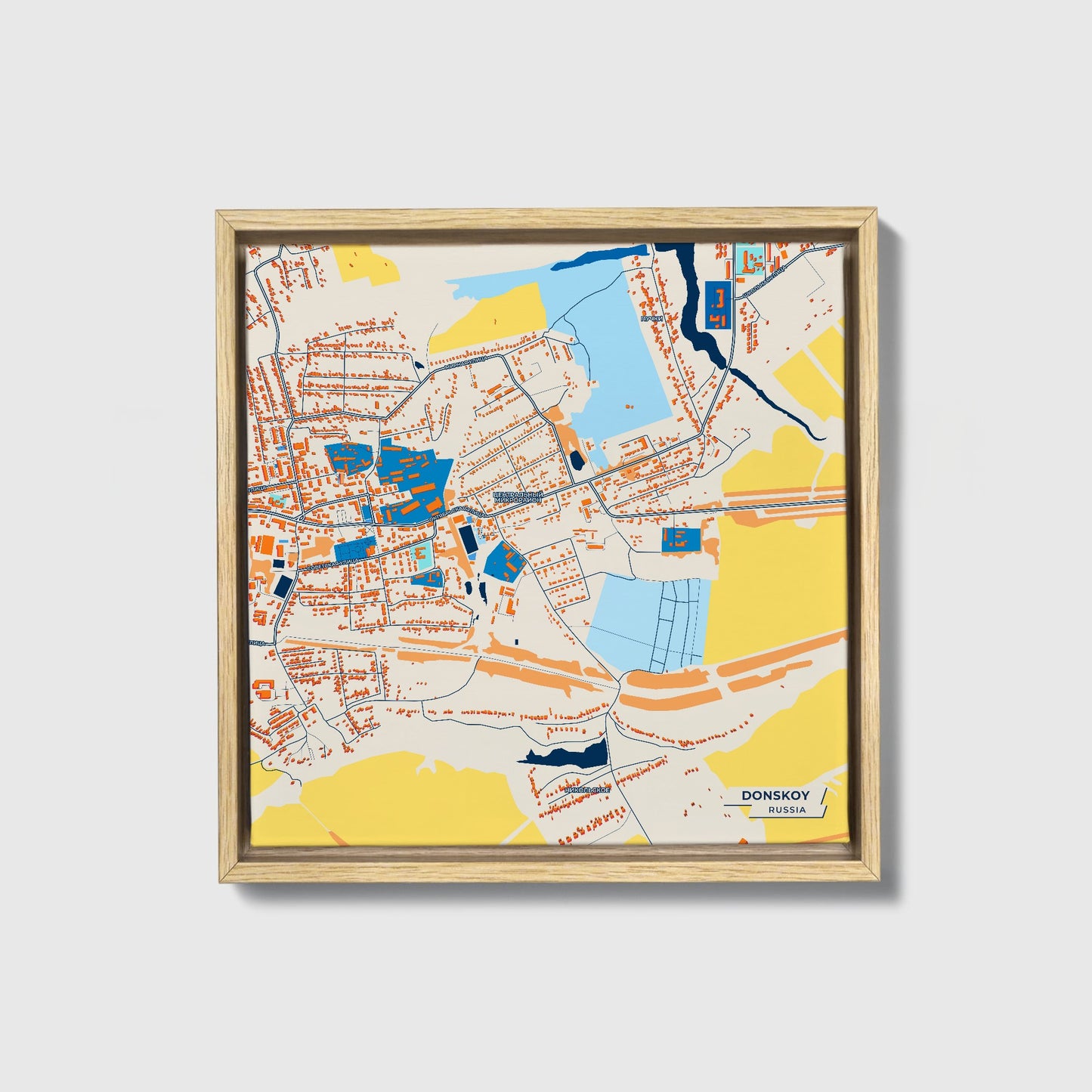 Донской Russia Colorful City Map Canvas Print • Natural Wooden Framed