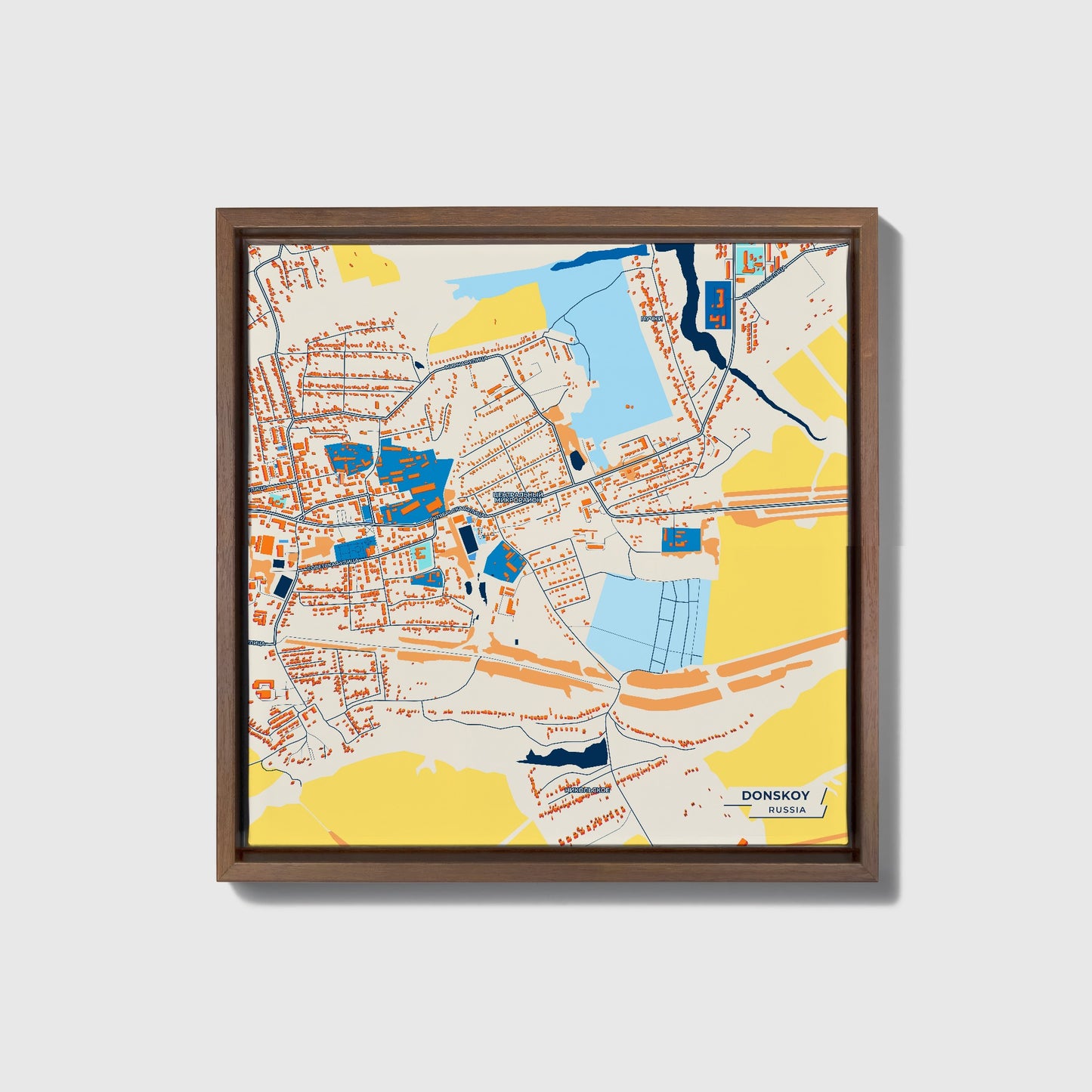 Донской Russia Colorful City Map Canvas Print • Dark Wooden Framed