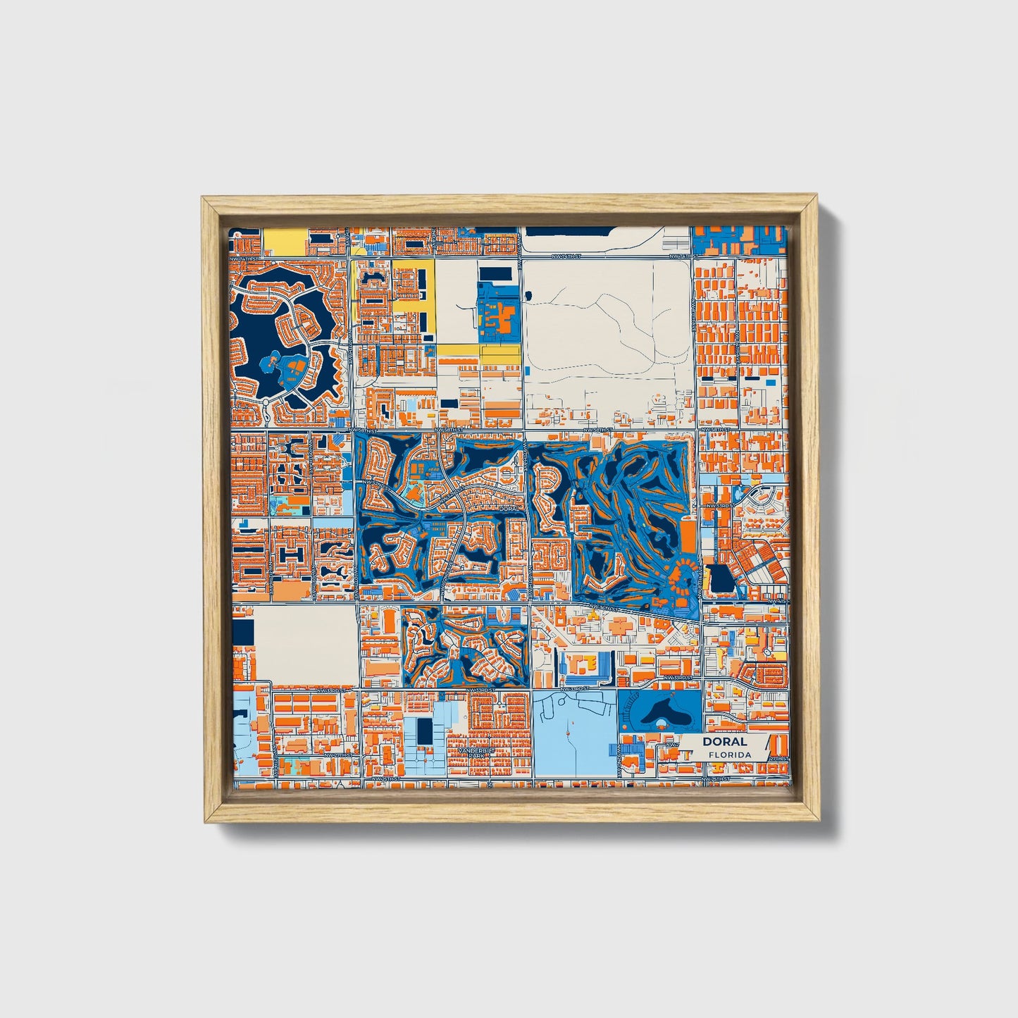 Doral Florida Colorful City Map Canvas Print • Natural Wooden Framed