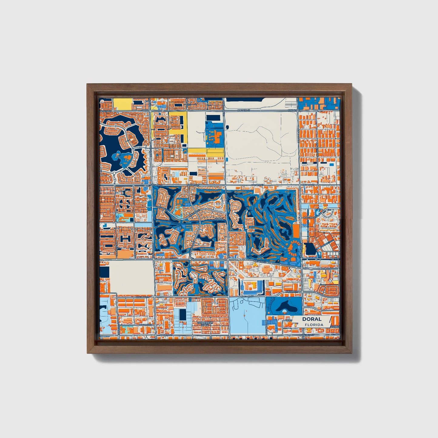 Doral Florida Colorful City Map Canvas Print • Dark Wooden Framed