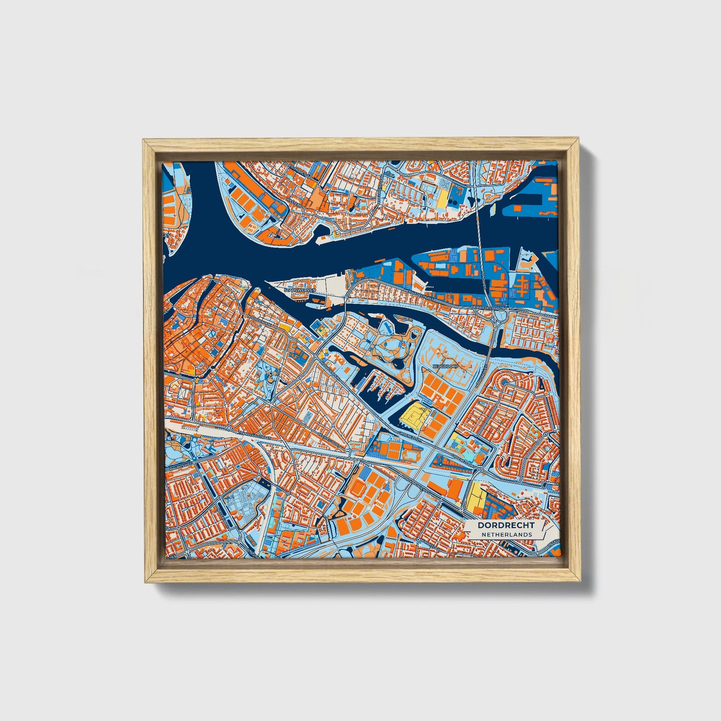 Dordrecht Netherlands Colorful City Map Canvas Print • Natural Wooden Framed