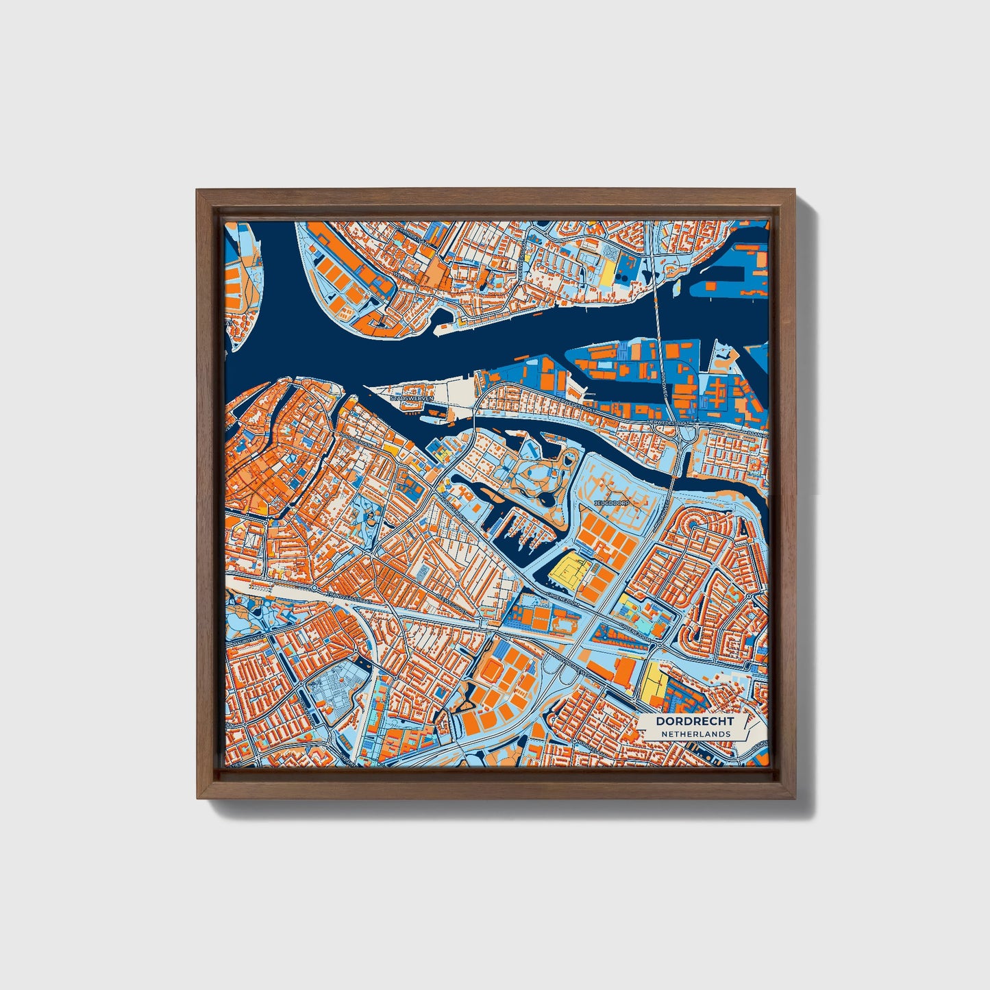 Dordrecht Netherlands Colorful City Map Canvas Print • Dark Wooden Framed