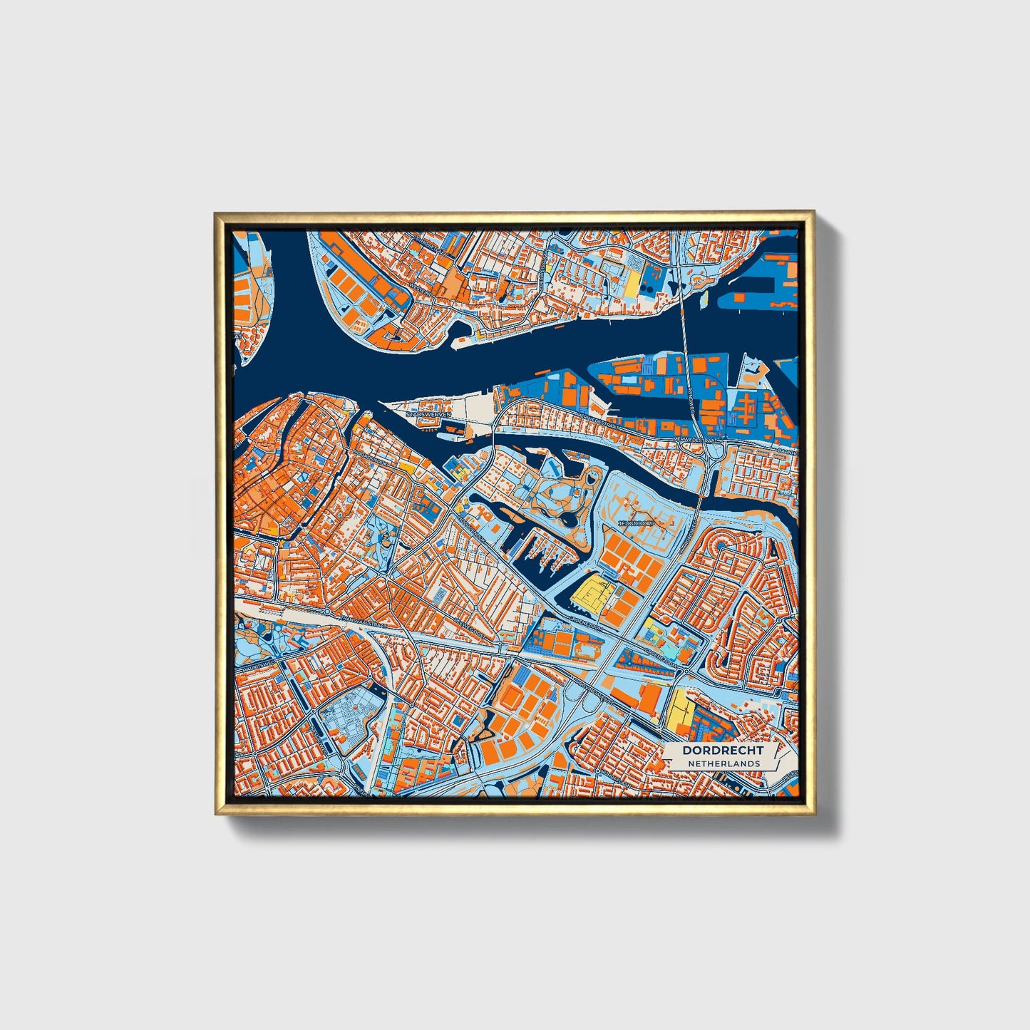 Dordrecht Netherlands Colorful City Map Canvas Print • Gold Framed
