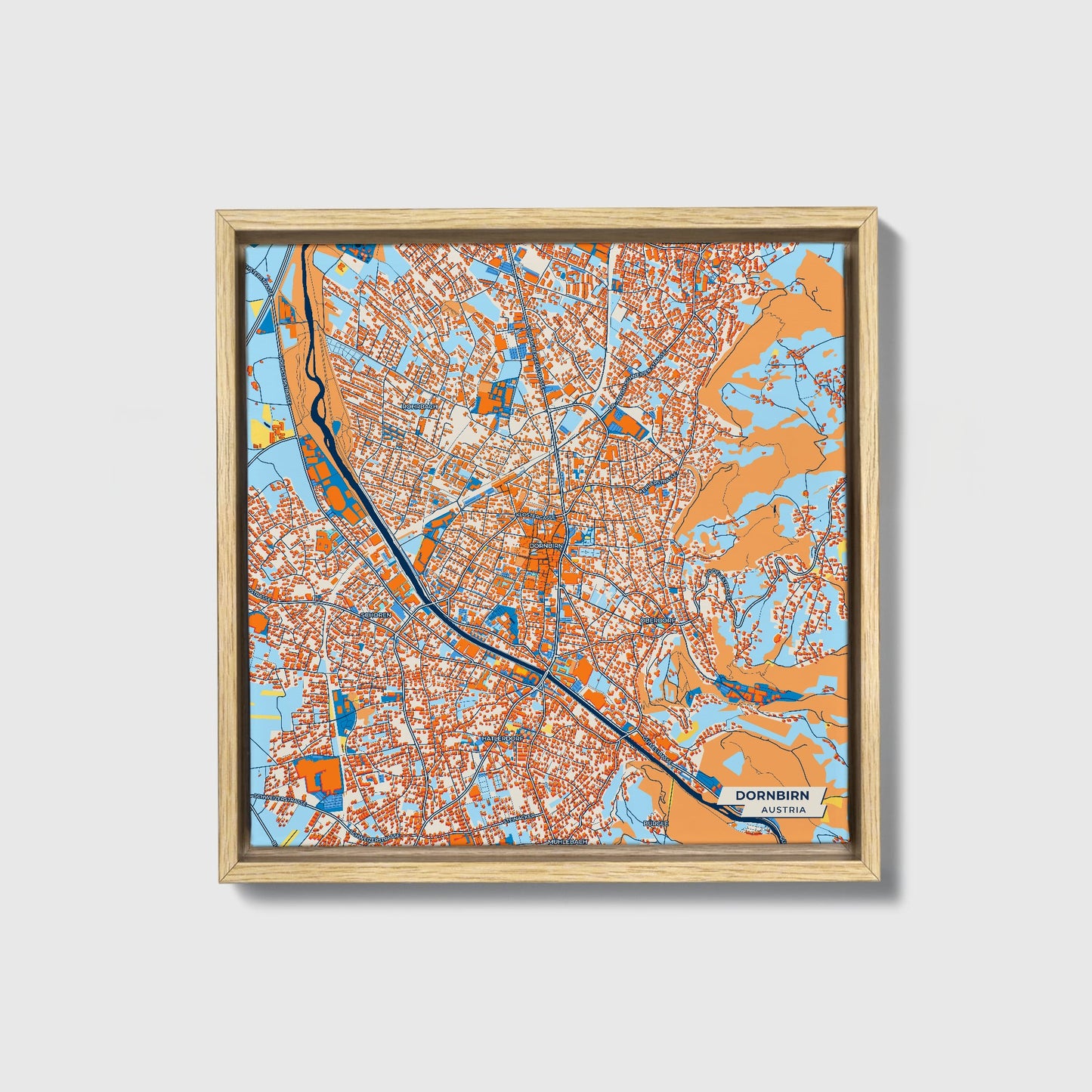 Dornbirn Austria Colorful City Map Canvas Print • Natural Wooden Framed
